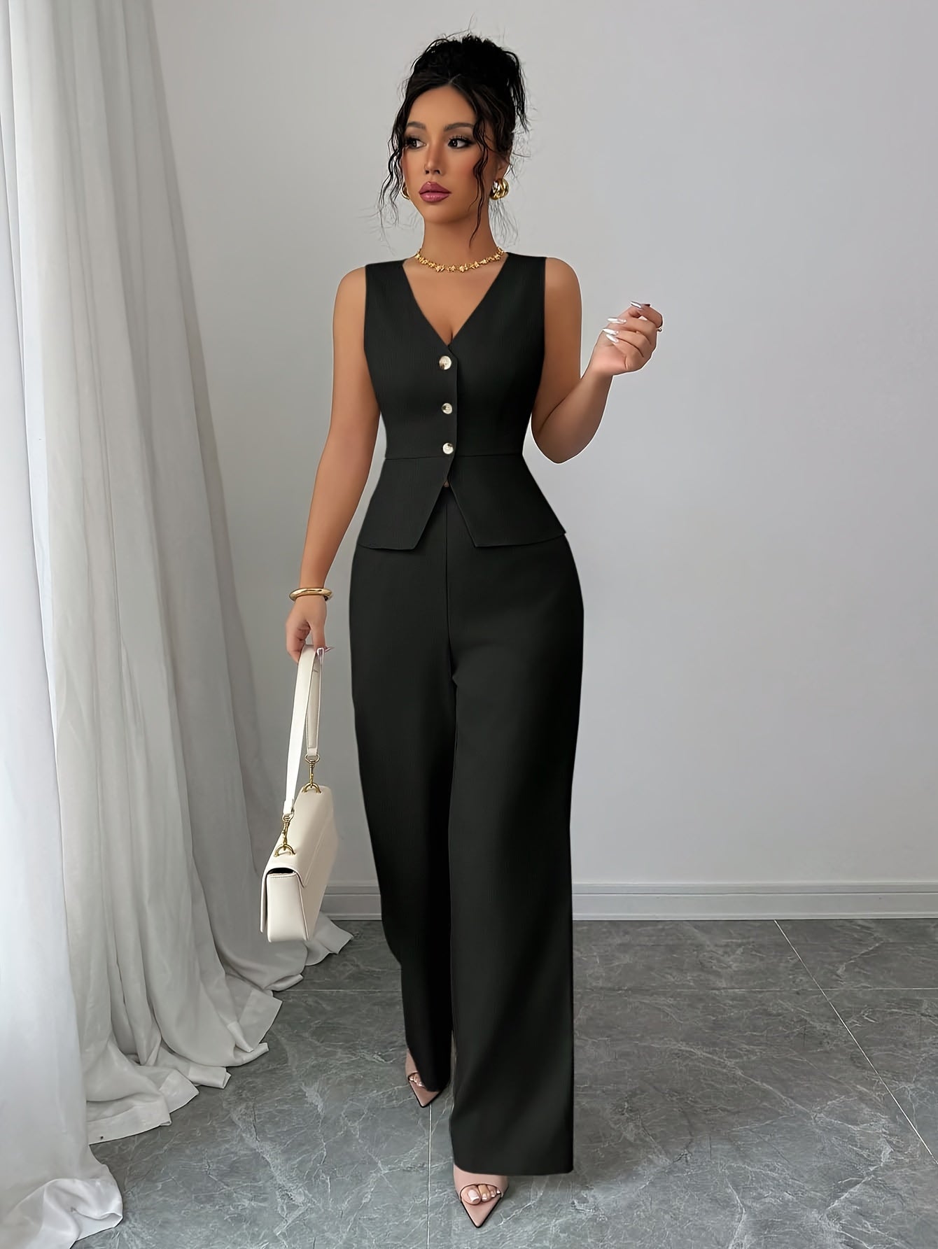 Sleeveless Elegant Vest And Women'S Pants Set, Summer Office Wear