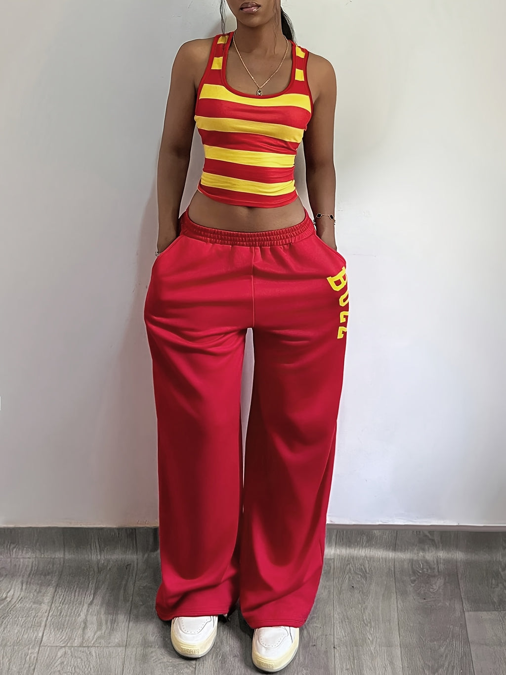 Women's 2pcs Casual Set: Crew Neck Striped Slim-Fit Tank Top and Elastic Waist Pocket Loose Straight-Leg Long Pants, PB-1535