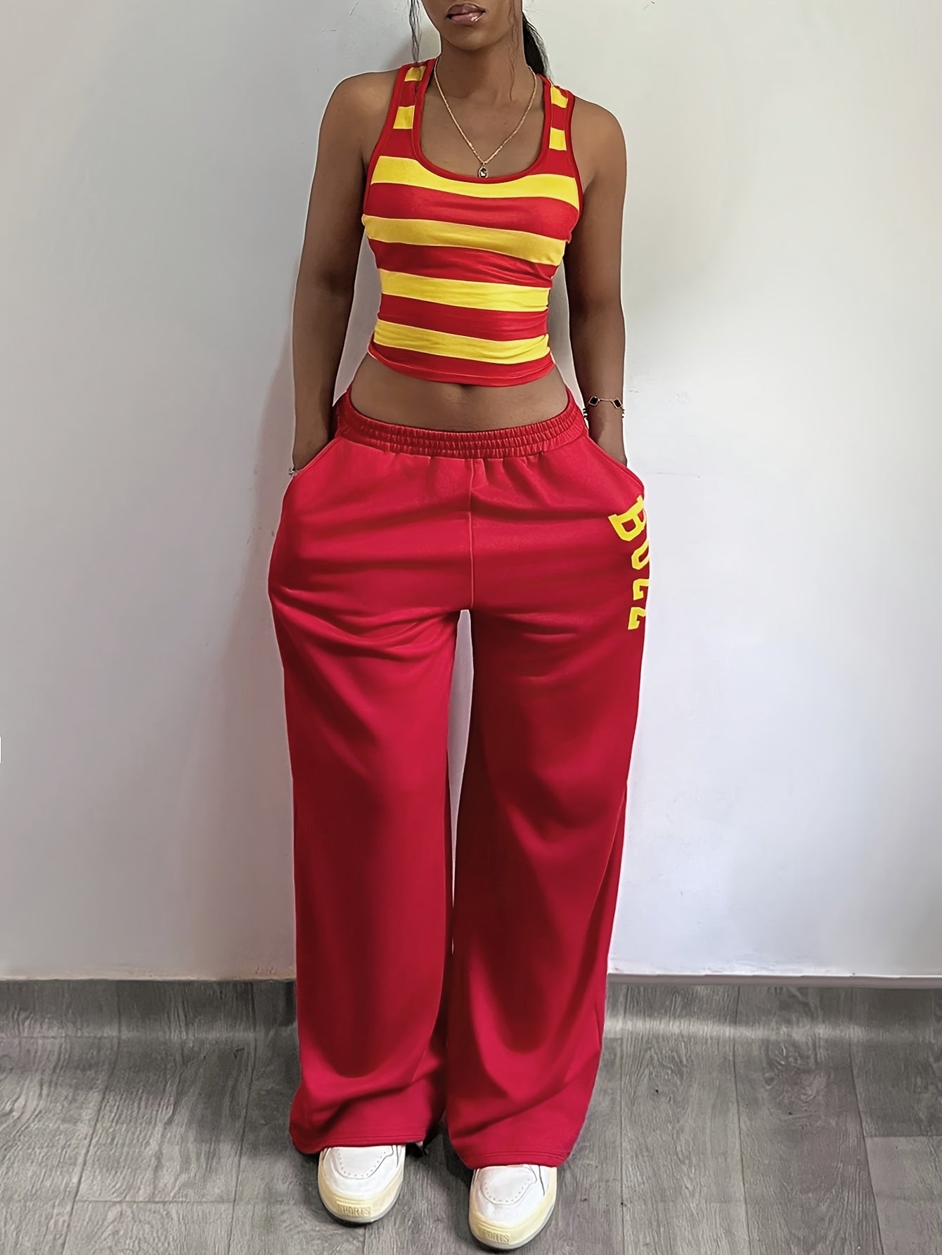 Women's 2pcs Casual Set: Crew Neck Striped Slim-Fit Tank Top and Elastic Waist Pocket Loose Straight-Leg Long Pants, PB-1535
