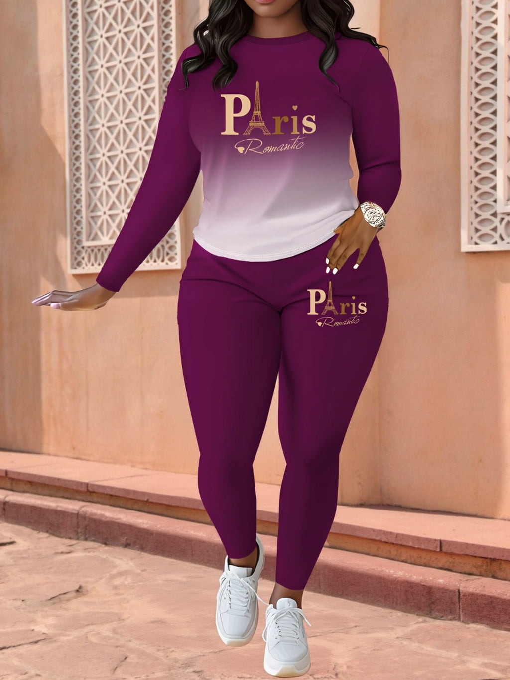 Gradient Paris Letter Print Casual Autumn And Winter Long Sleeve Round Neck Women'S Two-Piece Outfit
