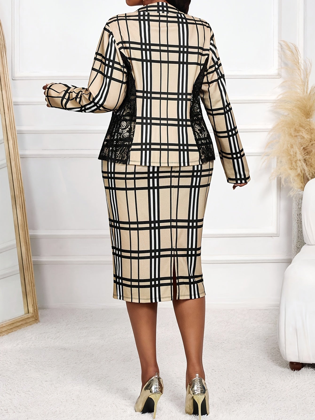 Plus Size, Plus-size Women's Elegant Lace-trimmed Plaid Waist-cinching Top and Skirt Fashion 2pcs Set
