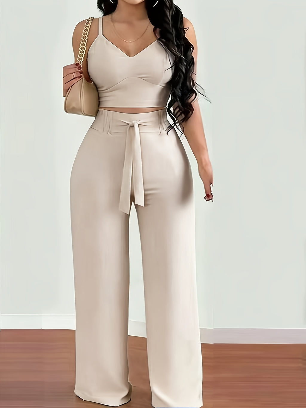 2pcs Women'S Thin Strap Elastic Cami And Wide-Leg Pants (Front Tie) Set, Suitable for Casual Vacation Holiday Gift