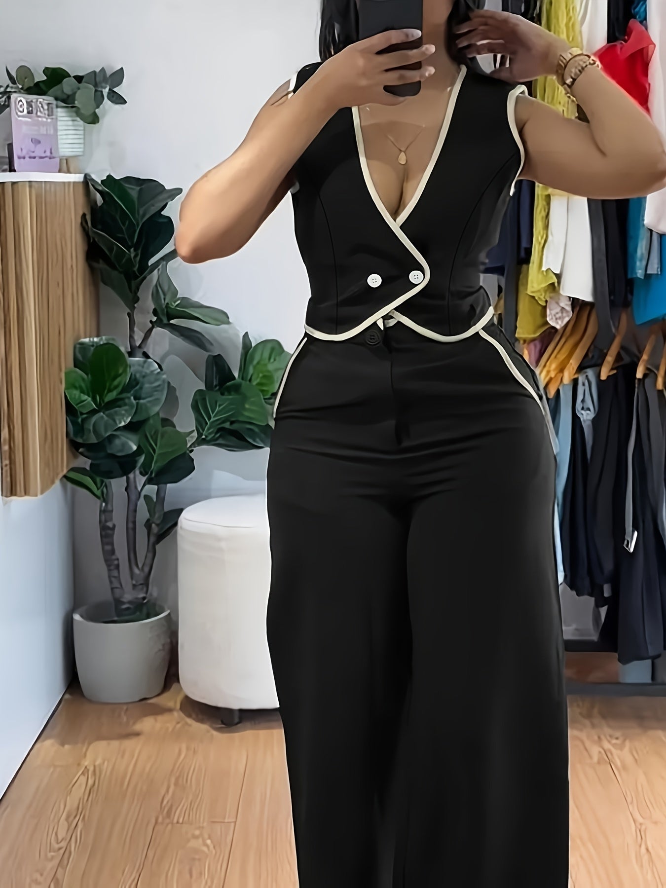 New Spring-Summer Black and White Color Block Sleeveless Vest & Wide-Leg Pants Two-Piece Set for Women