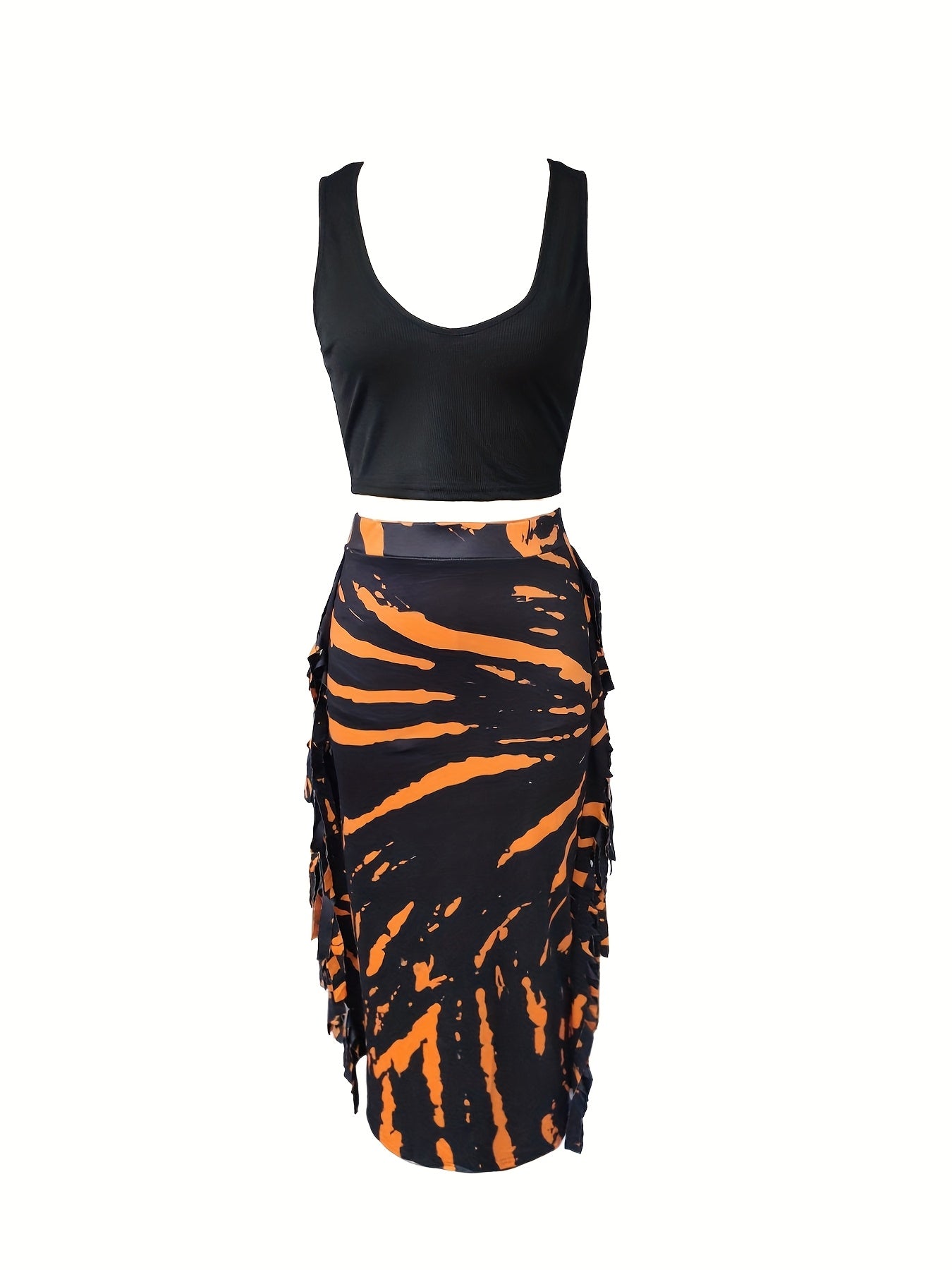 Stylish Vest and Fringe Skirt Print Set
