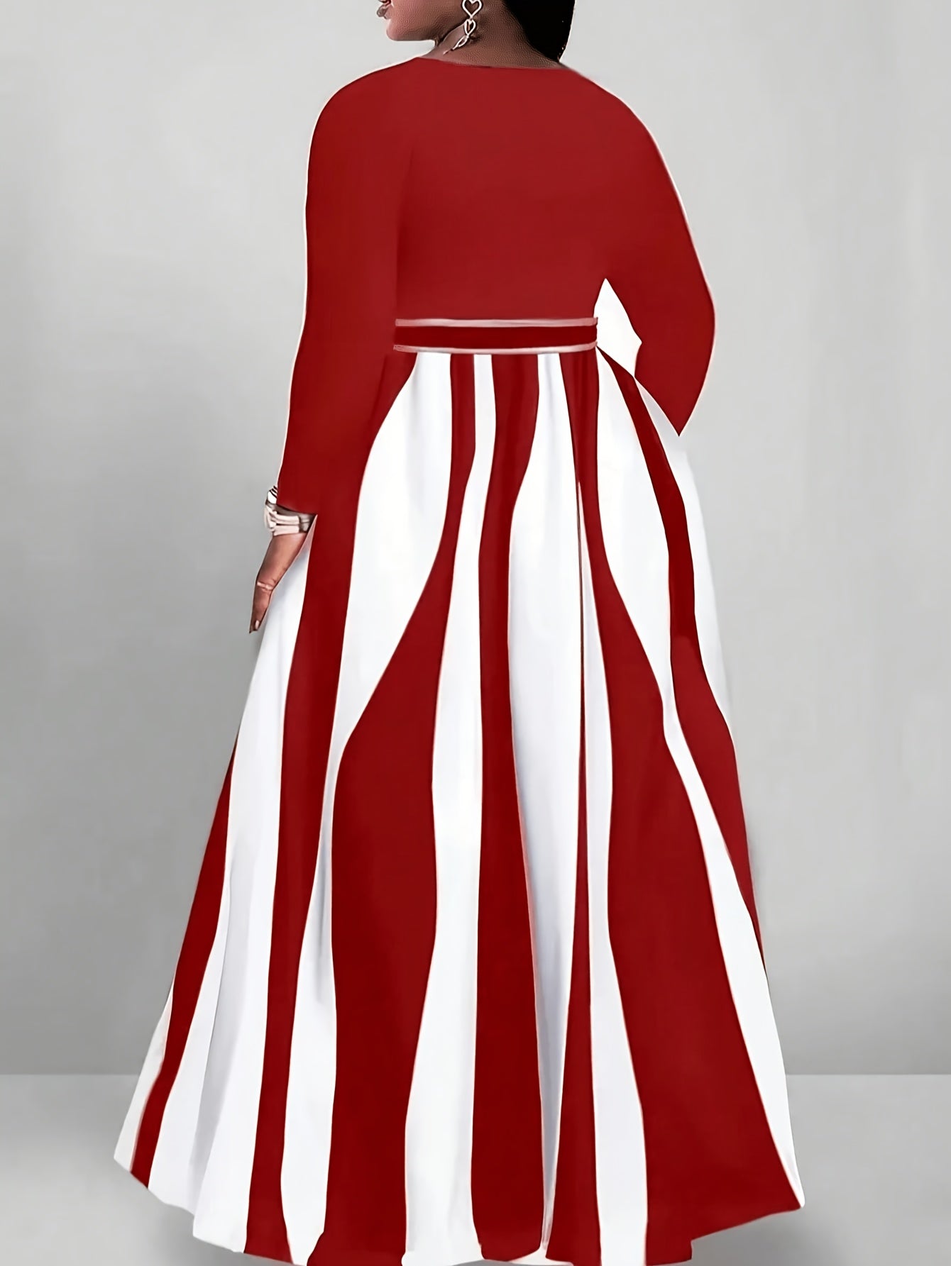 Plus Size - Plus Size - A Long-Sleeve V-Neck Dress for Plus-Size Women Featuring a Color-Blocked Striped Design And a Waist-Tie for a Flattering Maxi Skirt