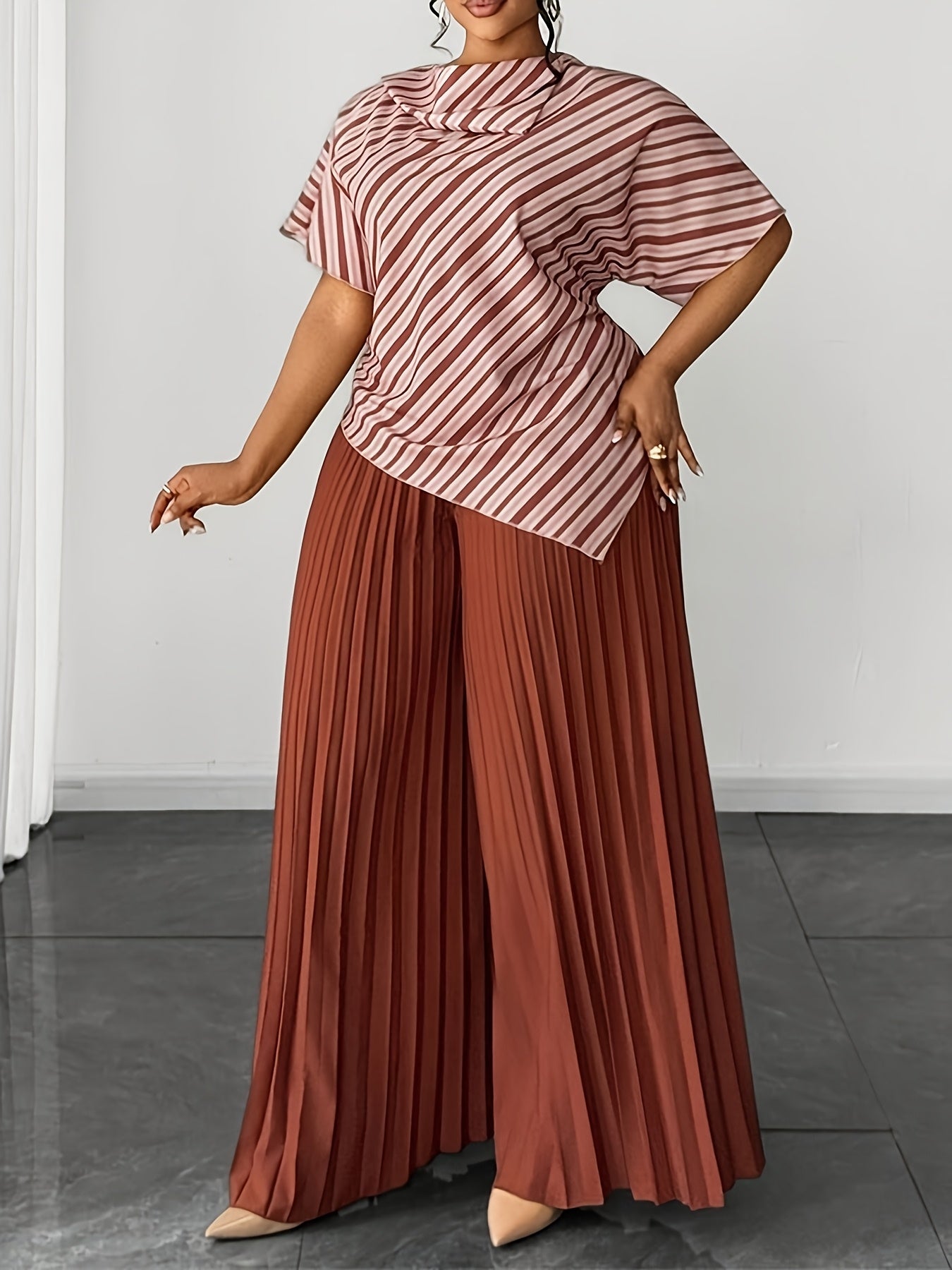 Plus Size, Women's Plus Size Fashion 2pcs Set: Blouse + Pleated Pants