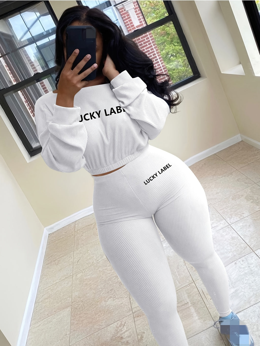 Letter Embroidery Women's Two Piece Ribbed s Fall Spring Long Sleeve Sweatshirt and Skinny Pants Set
