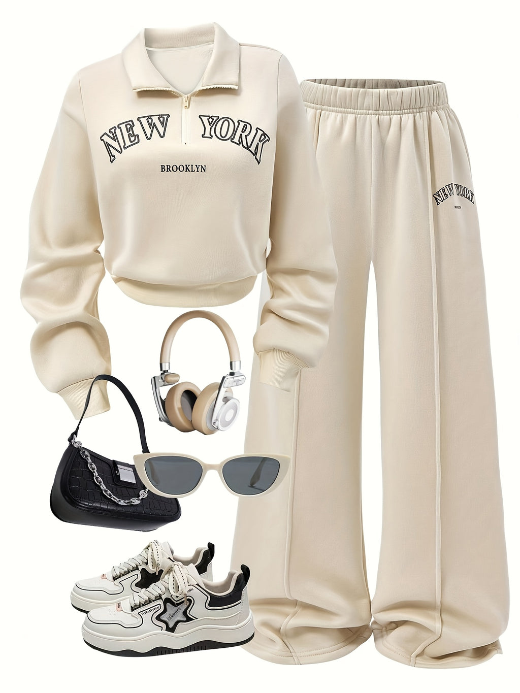 Women'S Fall Winter New 2pcs Set, Fashionable Comfortable Casual Outfit, Solid Color Stand Collar Zipper Letter Print, Long Sleeve with Ribbed Cuffs Top And Wide Leg Pants Set