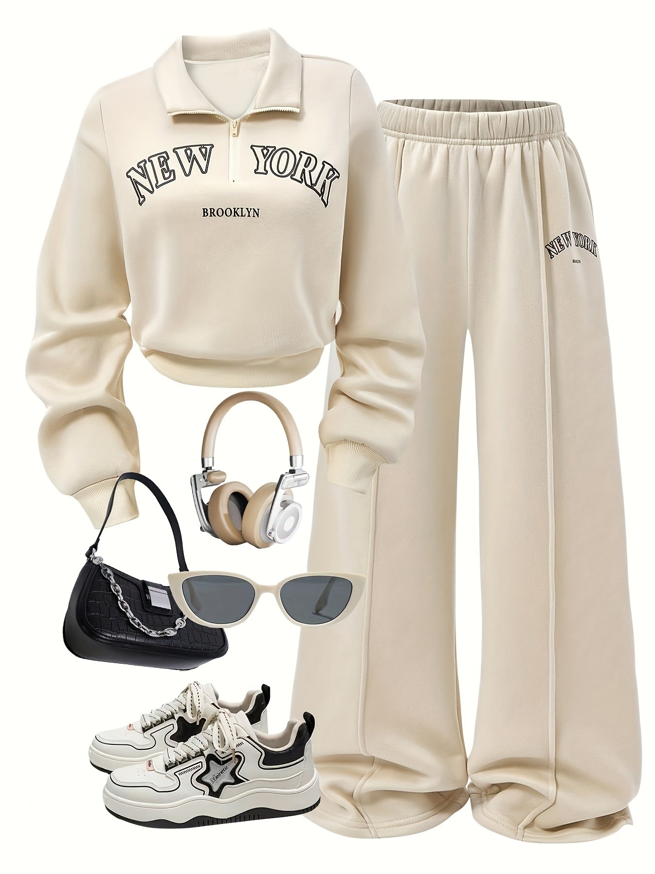 Women'S Fall Winter New 2pcs Set, Fashionable Comfortable Casual Outfit, Solid Color Stand Collar Zipper Letter Print, Long Sleeve with Ribbed Cuffs Top And Wide Leg Pants Set