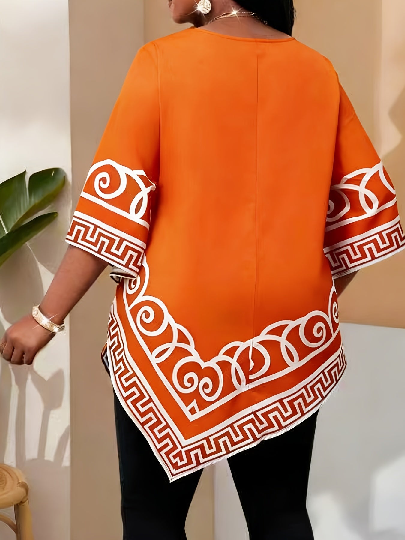 Plus Size - Plus Size - Spring And Autumn Women'S Plus-Size Three-Quarter Sleeve Irregular Hem Printed Shirt