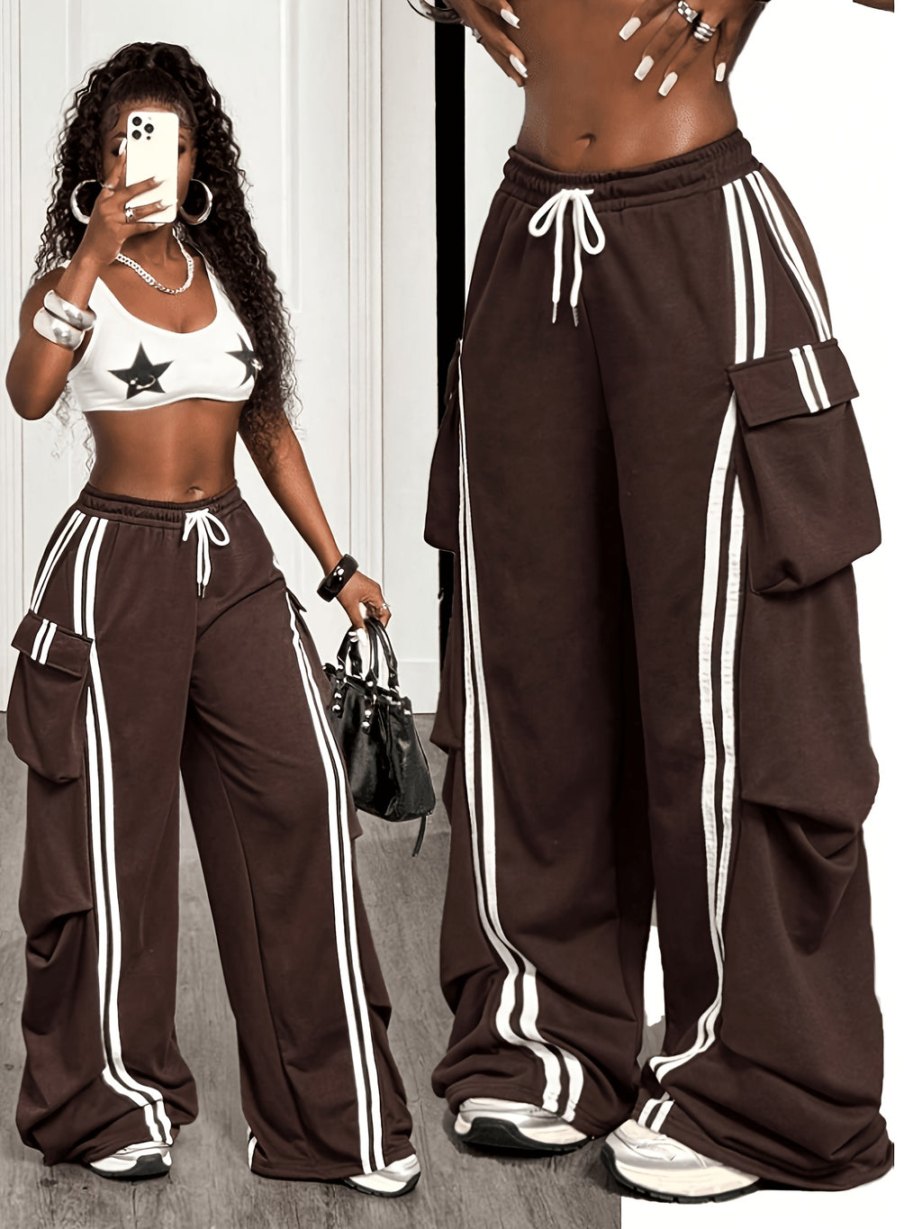 2026 Vintage Side Stripe Cargo Wide Leg Pants with Drawstring Waist, Loose Straight Street Style Trousers