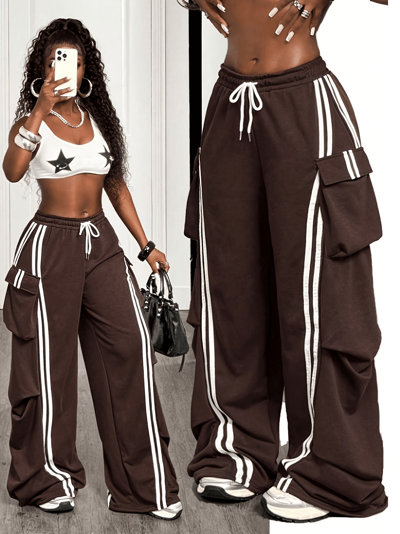2026 Vintage Side Stripe Cargo Wide Leg Pants with Drawstring Waist, Loose Straight Street Style Trousers