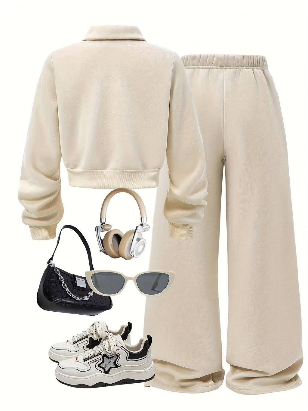 Women'S Fall Winter New 2pcs Set, Fashionable Comfortable Casual Outfit, Solid Color Stand Collar Zipper Letter Print, Long Sleeve with Ribbed Cuffs Top And Wide Leg Pants Set