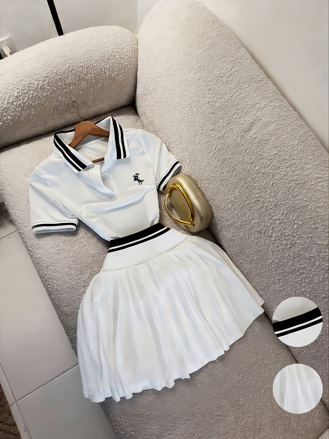 A Seasonal Two-Piece Set Featuring a Collared Embroidered Short-Sleeve Top with Contrasting Stripes And a High-Waisted Pleated Skirt, Perfect for Casual Elegance in Y2K Style, Suitable for Outings, Vacations, Commuting, Home, Campus, Parties