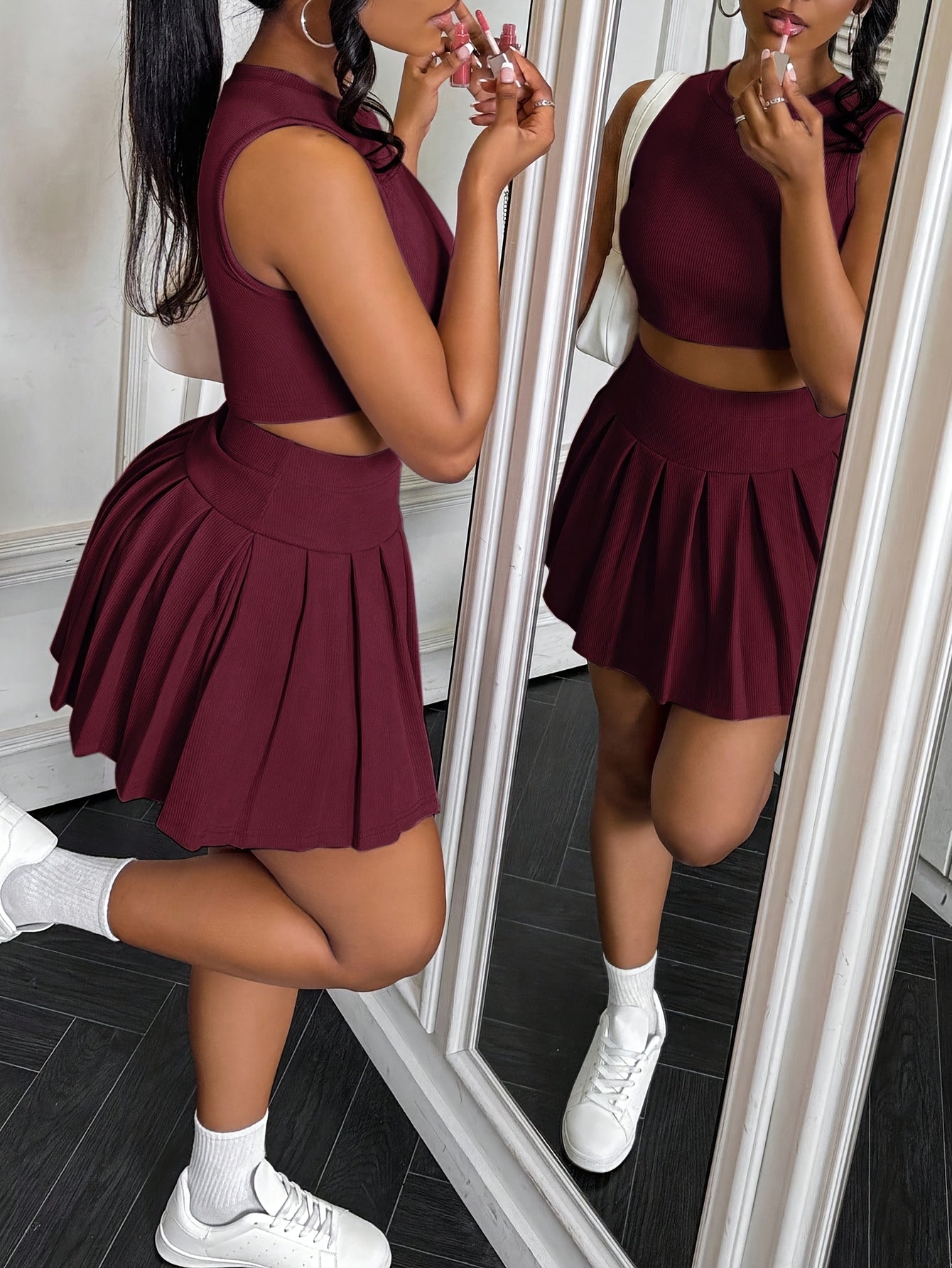 Elegant Pleated Mini Skirt with Bodysuit | Sleeveless Crew Neck Top and Skirt Set for Women, Solid Color, All-Season Wear