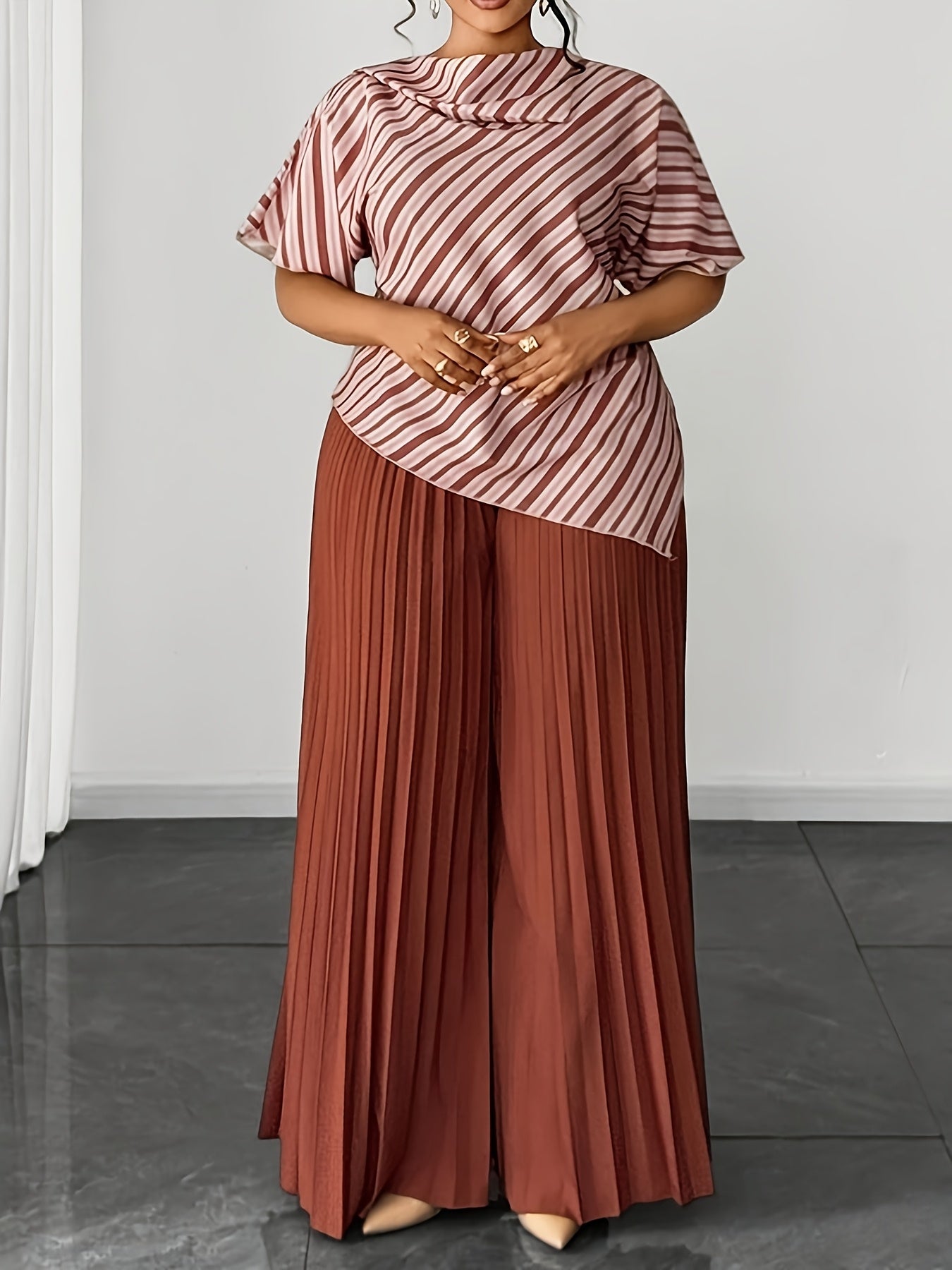 Plus Size, Women's Plus Size Fashion 2pcs Set: Blouse + Pleated Pants