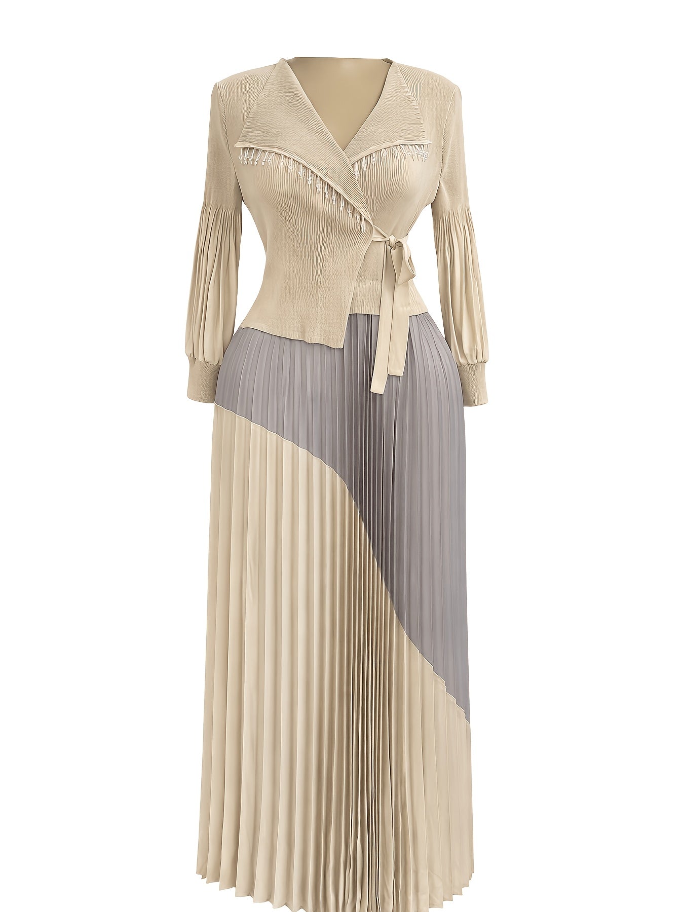 Plus Size - Plus Size - Ladies Temperament Pleated Color-Block Long Dress Beaded Tassel Turn- Collar Waist Lantern Sleeve Dress