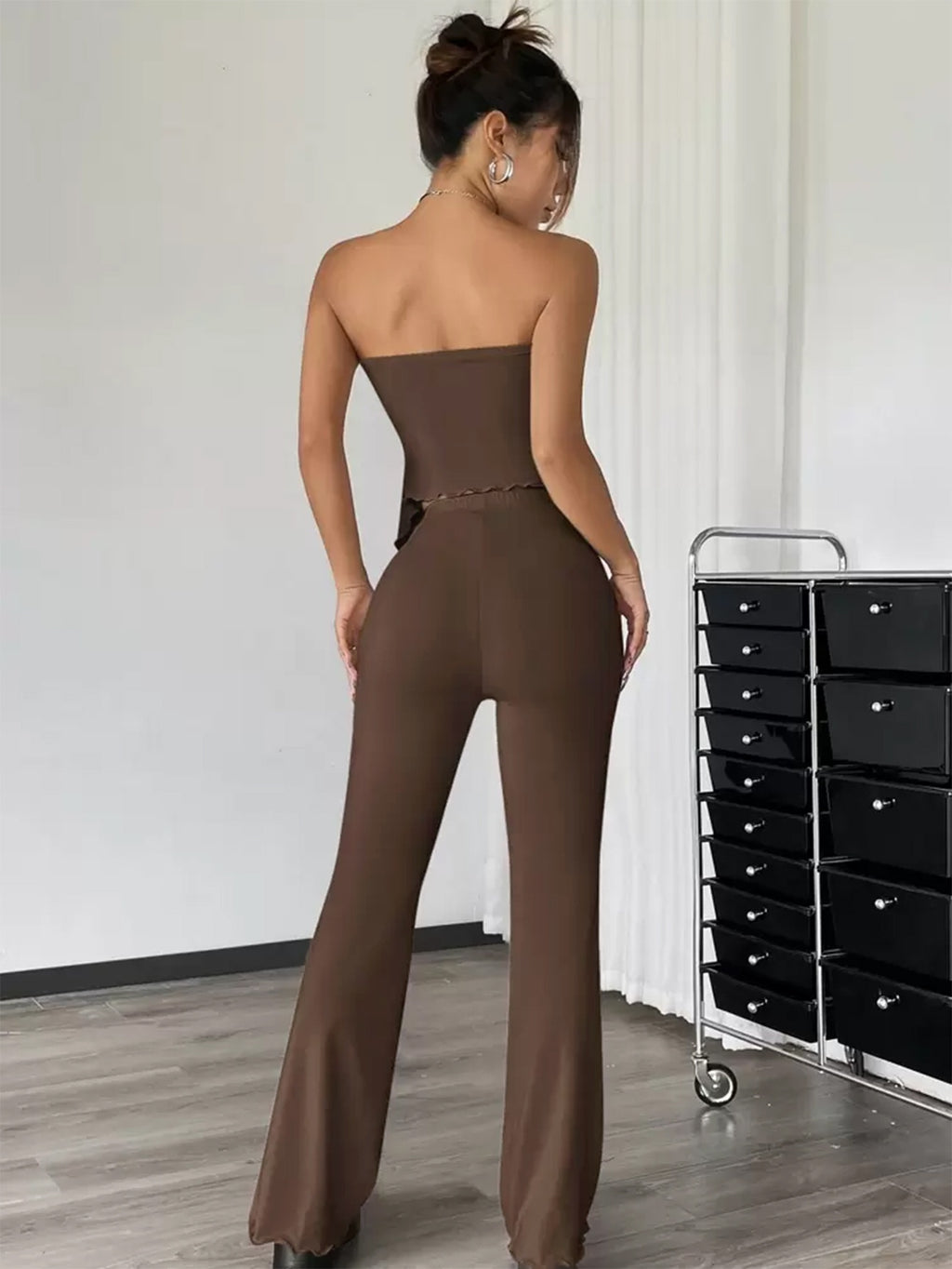Solid Color Casual Drawstring Shirred Slim-Fitting Bandeau Top, Fashionable High-Waisted Micro-Flared Long Pants, Wave-Edged Women'S Pants Set