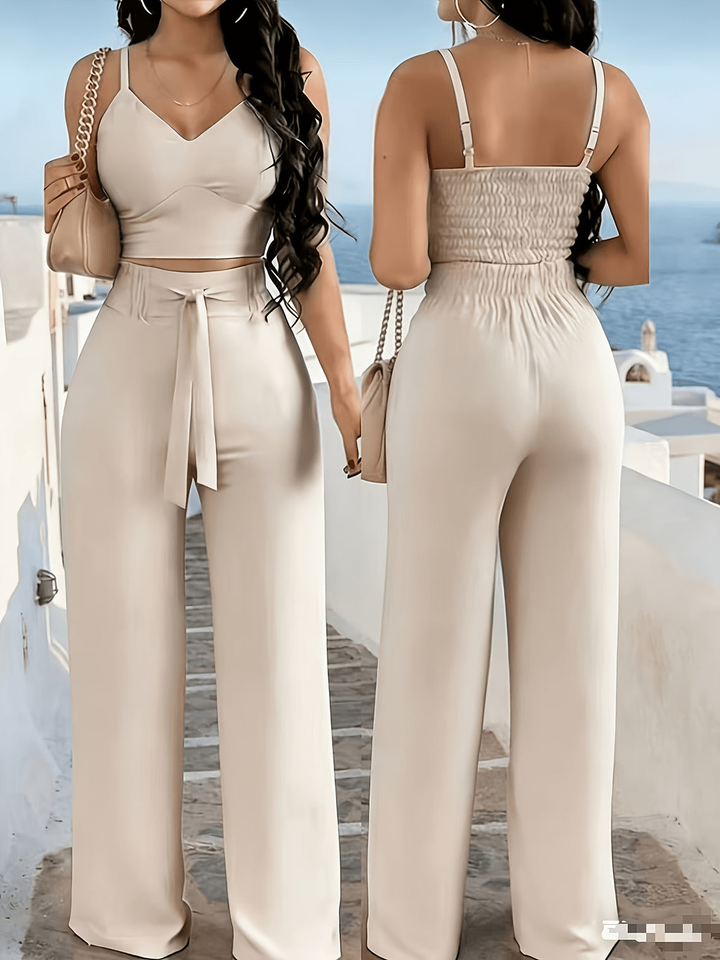 2pcs Women'S Thin Strap Elastic Cami And Wide-Leg Pants (Front Tie) Set, Suitable for Casual Vacation Holiday Gift