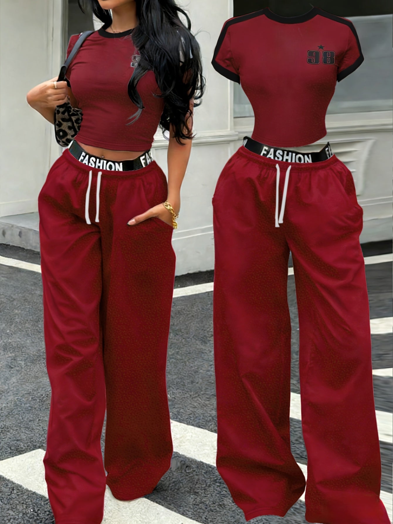 European And American Hot Style Color Block Striped Short Top + Letter Waistband Wide Leg Pants Women'S Two-Piece Set