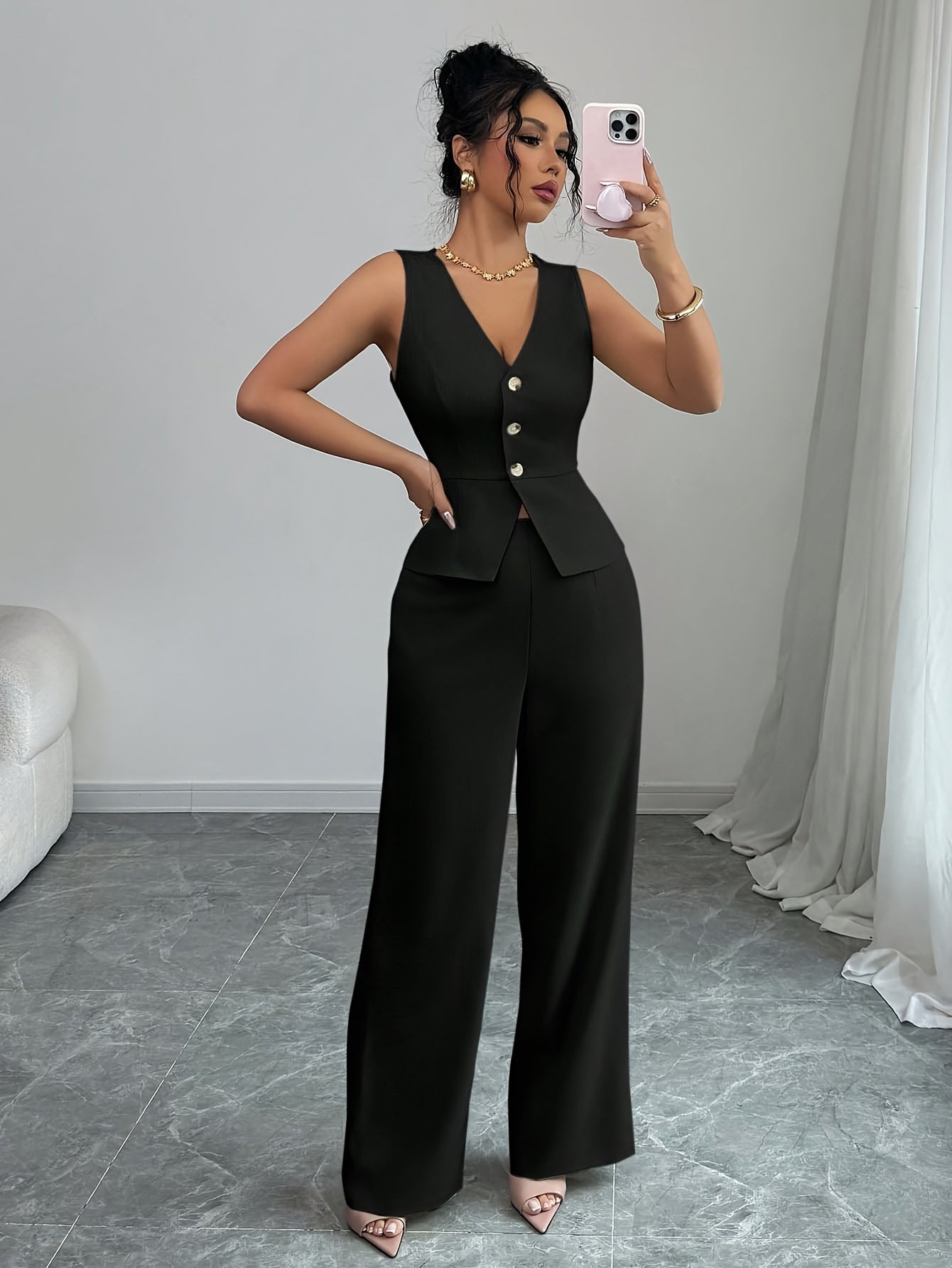 Sleeveless Elegant Vest And Women'S Pants Set, Summer Office Wear