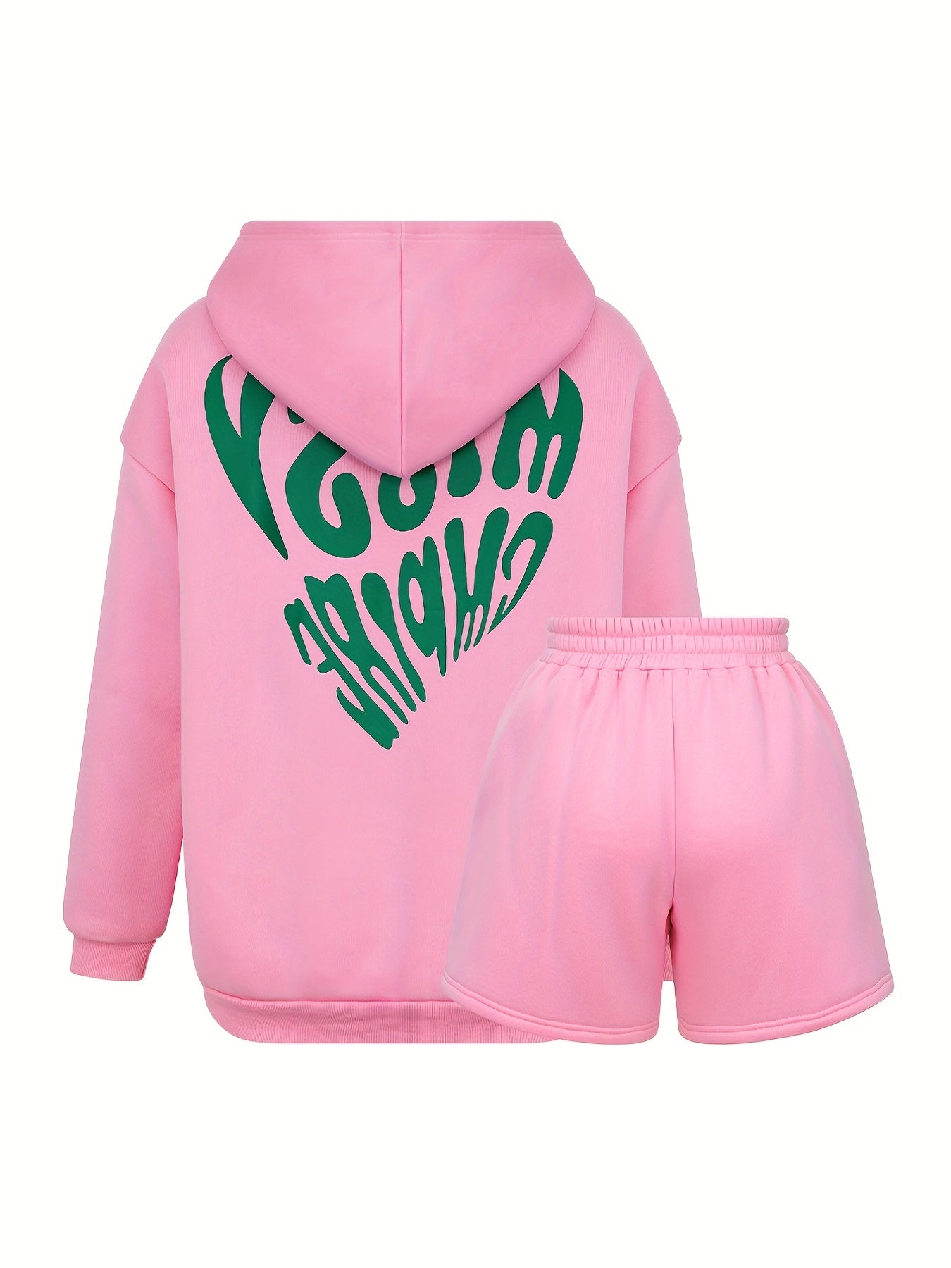 New Autumn European and American Style Women's 2pcs Set: Fashionable Y Printed Long-Sleeve Pullover Hooded Sweatshirt and Shorts
