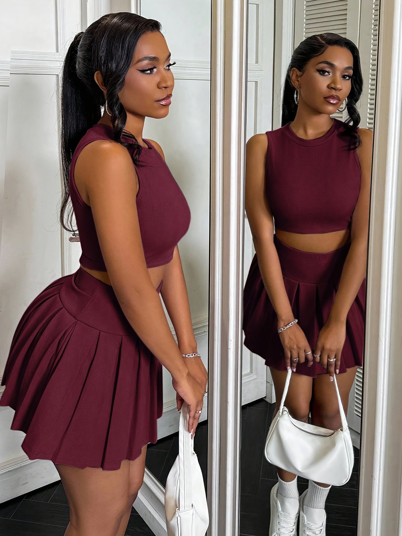Elegant Pleated Mini Skirt with Bodysuit | Sleeveless Crew Neck Top and Skirt Set for Women, Solid Color, All-Season Wear