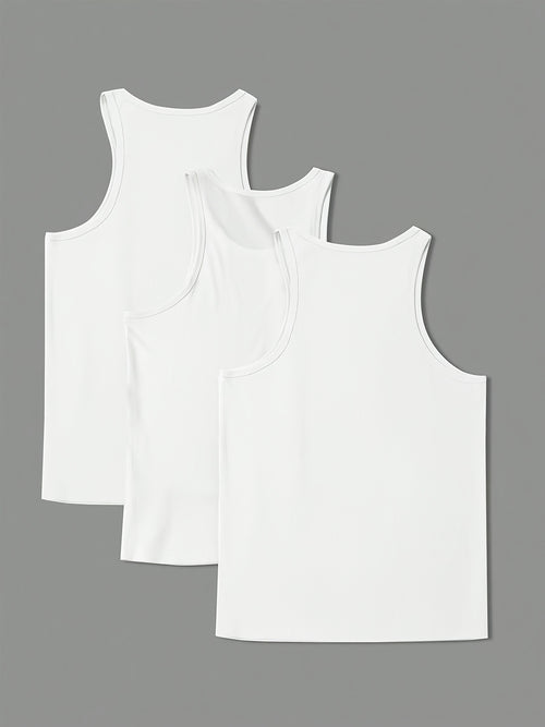 3pcs Set of Men's Solid Color Round Neck Casual Sports Tank Tops, Workout Shirts, Basic Vests
