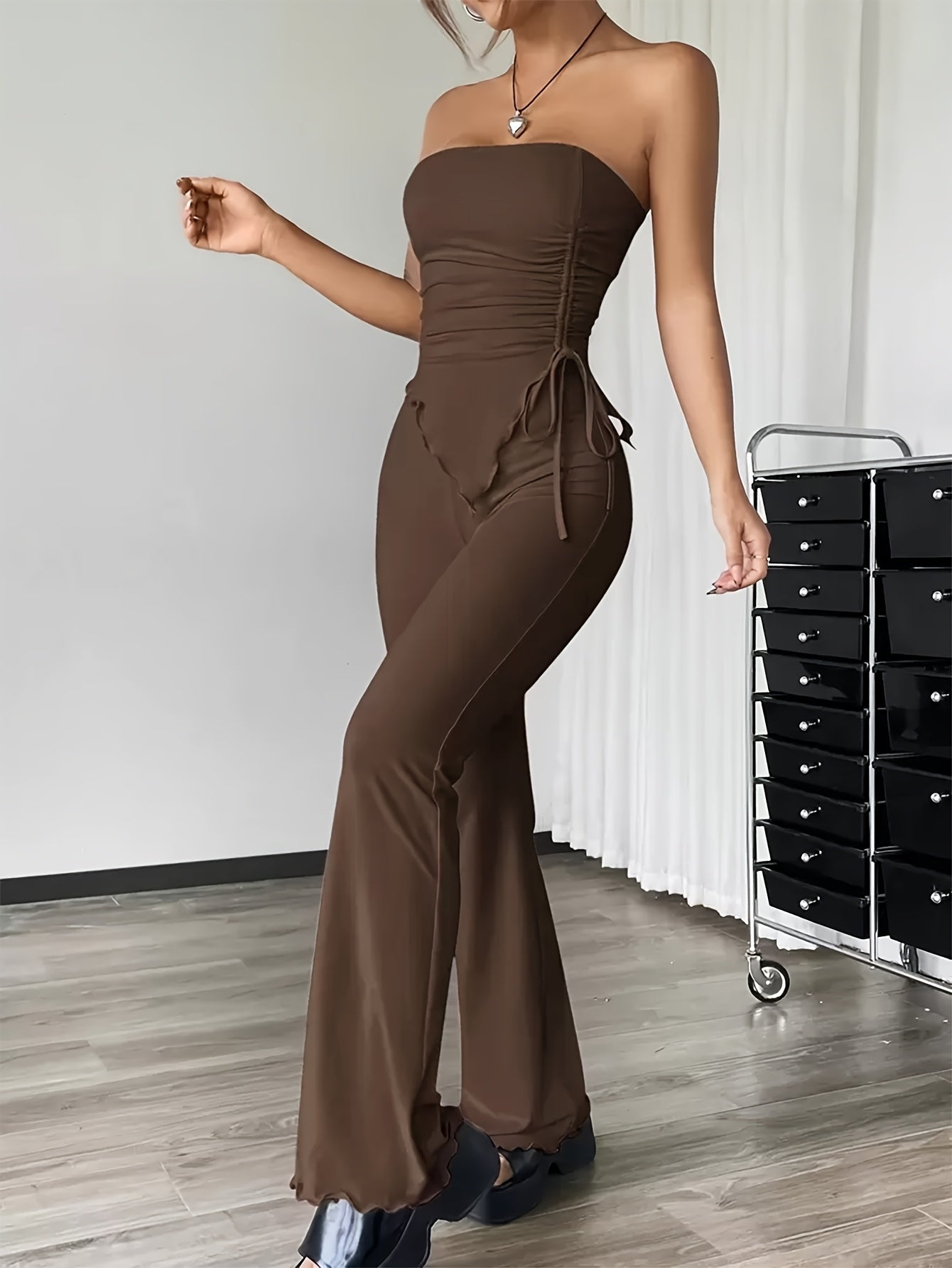 Solid Color Casual Drawstring Shirred Slim-Fitting Bandeau Top, Fashionable High-Waisted Micro-Flared Long Pants, Wave-Edged Women'S Pants Set