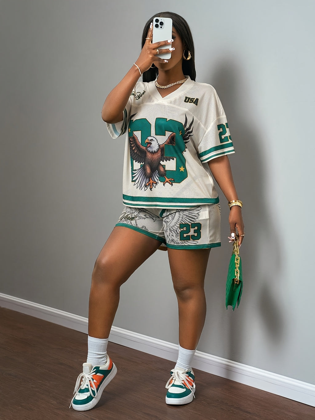 New Spring Summer Casual Street Style V-Neck Off-Shoulder Short Sleeve Loose 23-Letter Eagle Print Pattern Green Striped T-Shirt And Shorts Apricot Mesh Women'S 2pcs Set - A