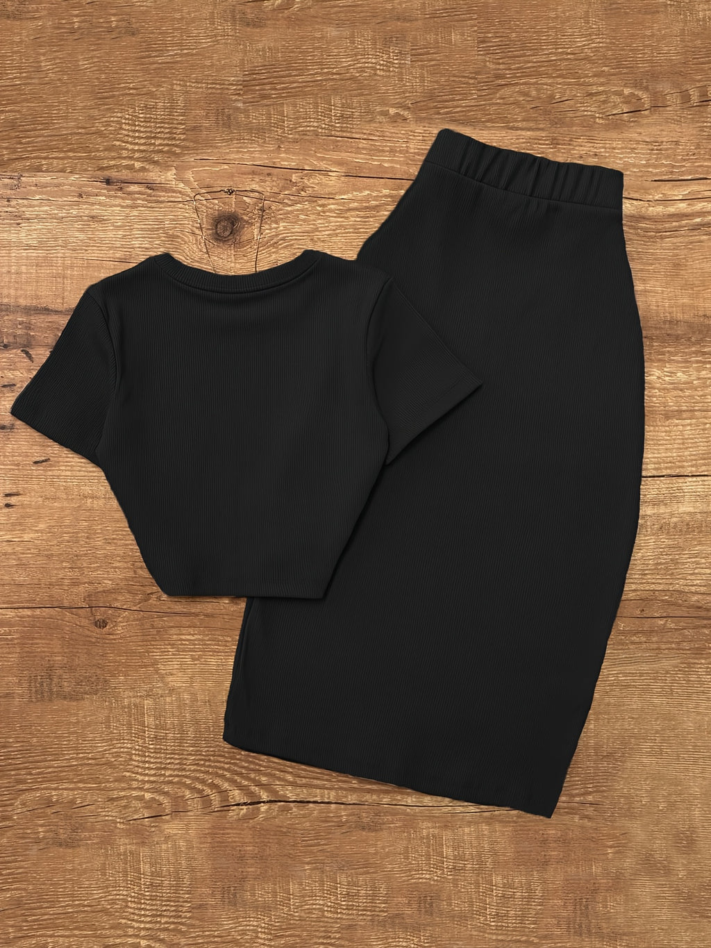 Women'S Spring/Summer New Black Pit Bar Two Piece Set Round Neck Short Sleeve Short T-Shirt+High Waist Bag Hip Mid Length Half Length Skirt Casual Elegant Set for Women