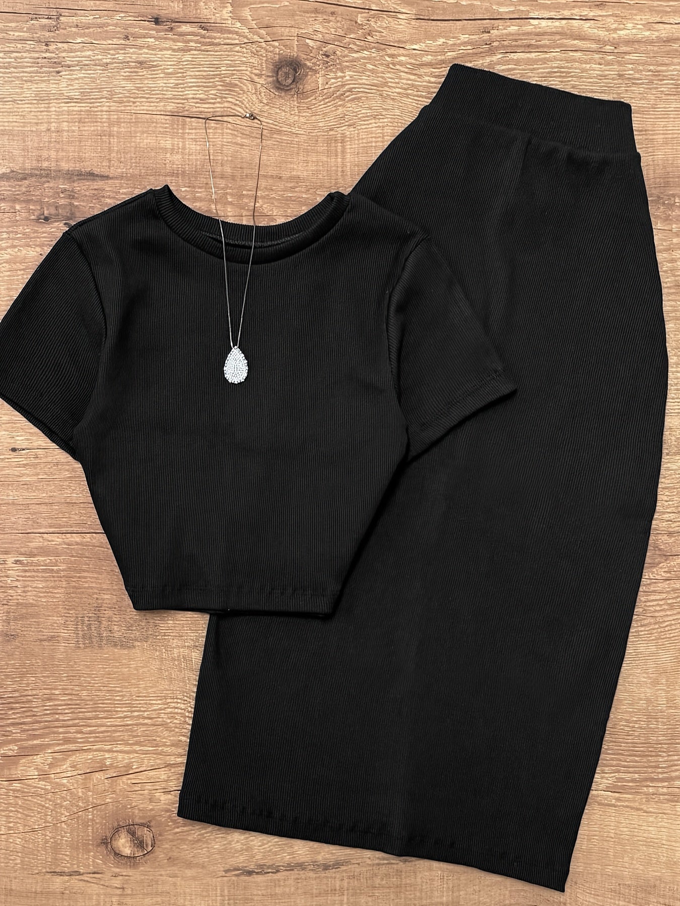 Women'S Spring/Summer New Black Pit Bar Two Piece Set Round Neck Short Sleeve Short T-Shirt+High Waist Bag Hip Mid Length Half Length Skirt Casual Elegant Set for Women
