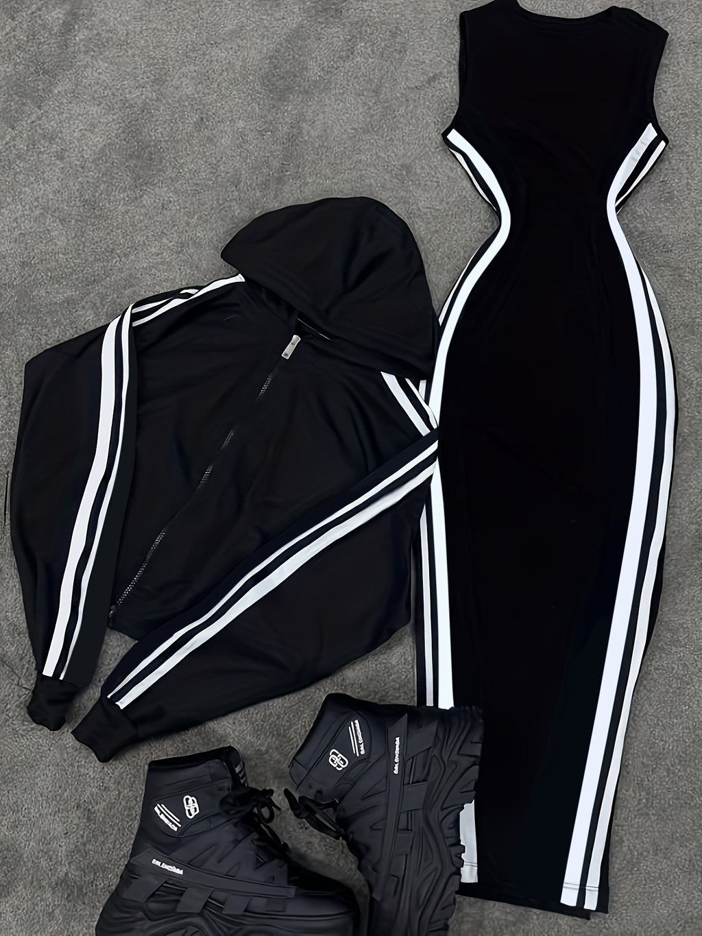Women'S Casual Hooded Top And Vest Dress 2pcs Set