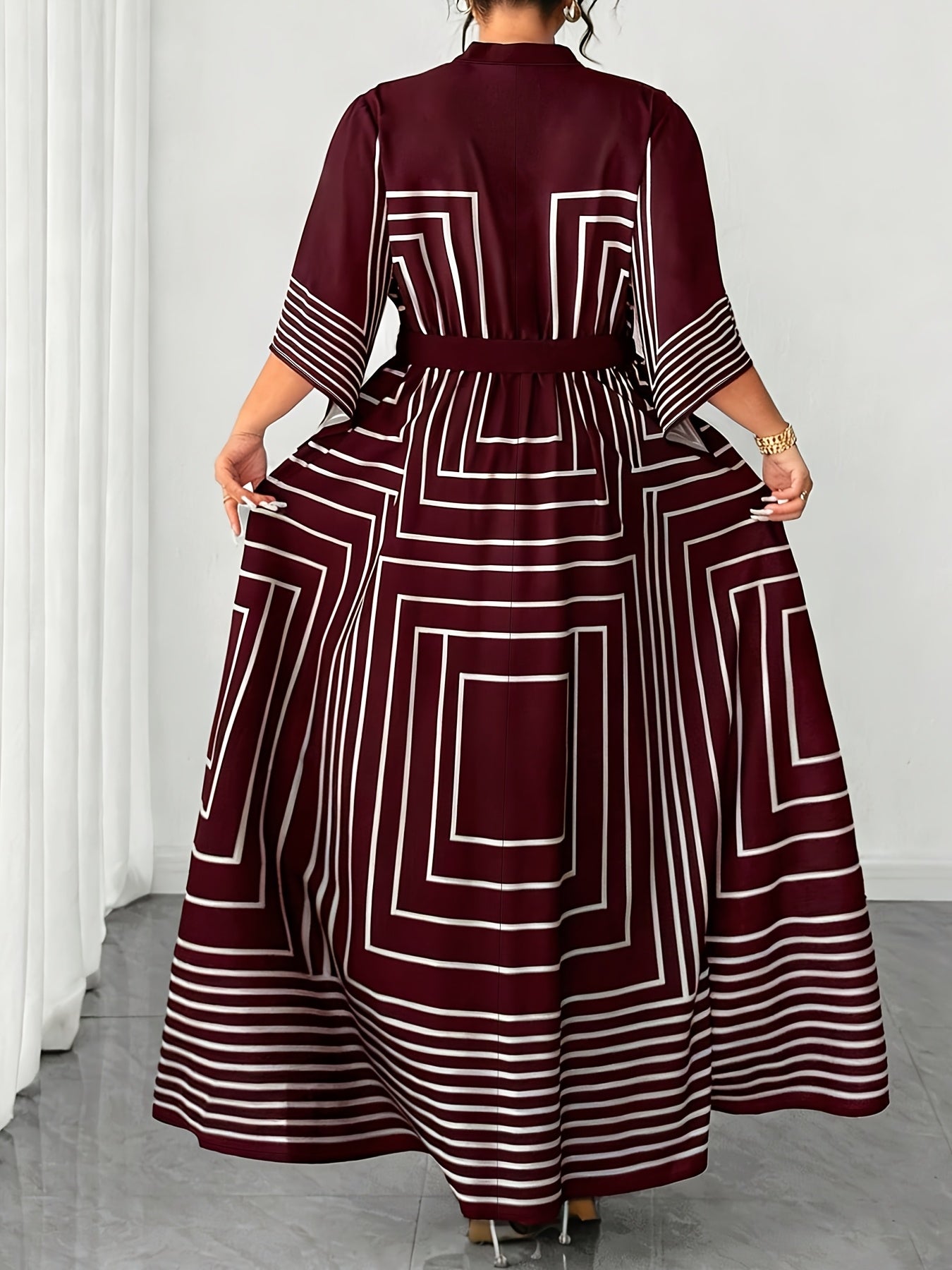 Plus Size - Plus Size - Plus Size Geometric Pattern Black And White Striped Neckline Waist A-Line Long-Sleeved Elegant Commuter Dress YZ2614