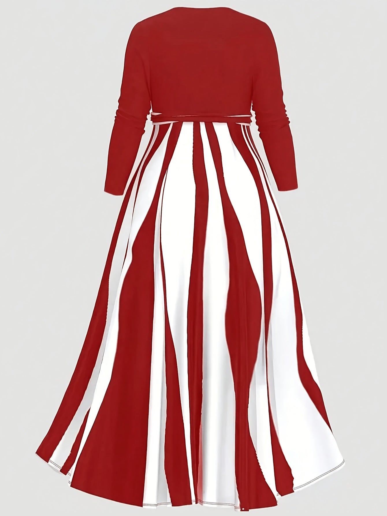 Plus Size - Plus Size - A Long-Sleeve V-Neck Dress for Plus-Size Women Featuring a Color-Blocked Striped Design And a Waist-Tie for a Flattering Maxi Skirt
