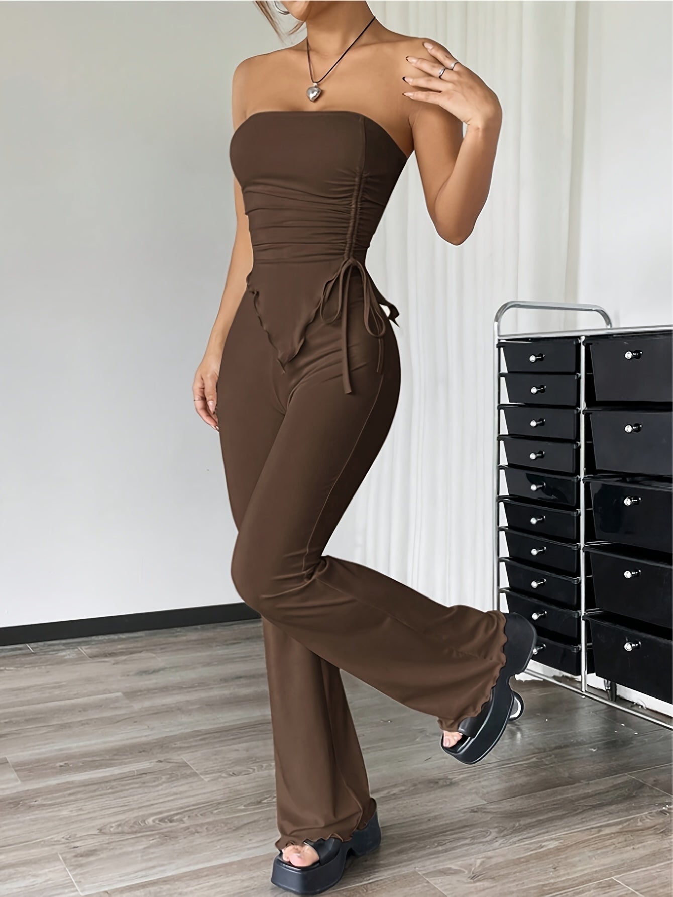 Solid Color Casual Drawstring Shirred Slim-Fitting Bandeau Top, Fashionable High-Waisted Micro-Flared Long Pants, Wave-Edged Women'S Pants Set