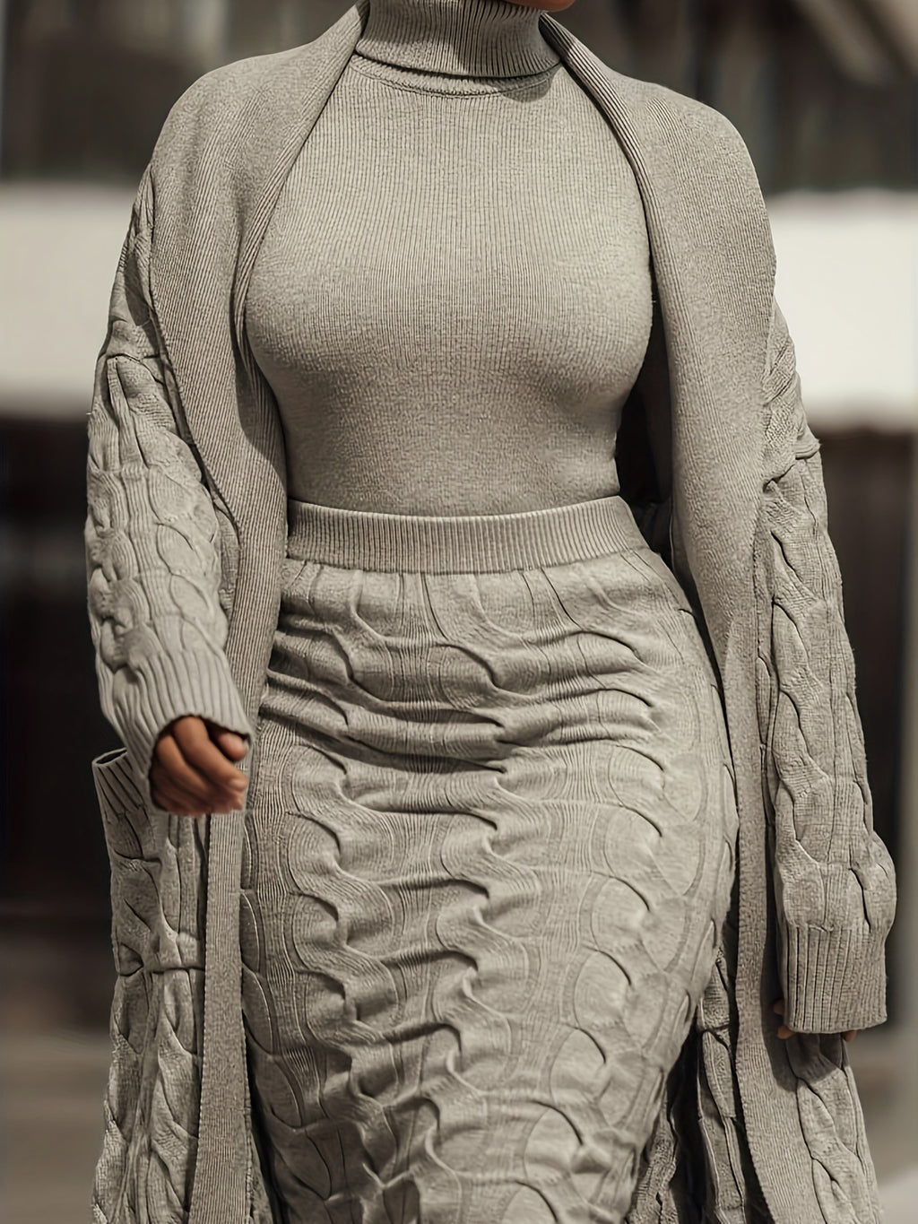 Elegant Solid Cable- Dress Set with Long Sleeves and Open Front Pockets, Featuring a Mid-length Cardigan, a High-neck Slim-fit Sweater, and a High-waisted Pencil Skirt, Women's Clothing