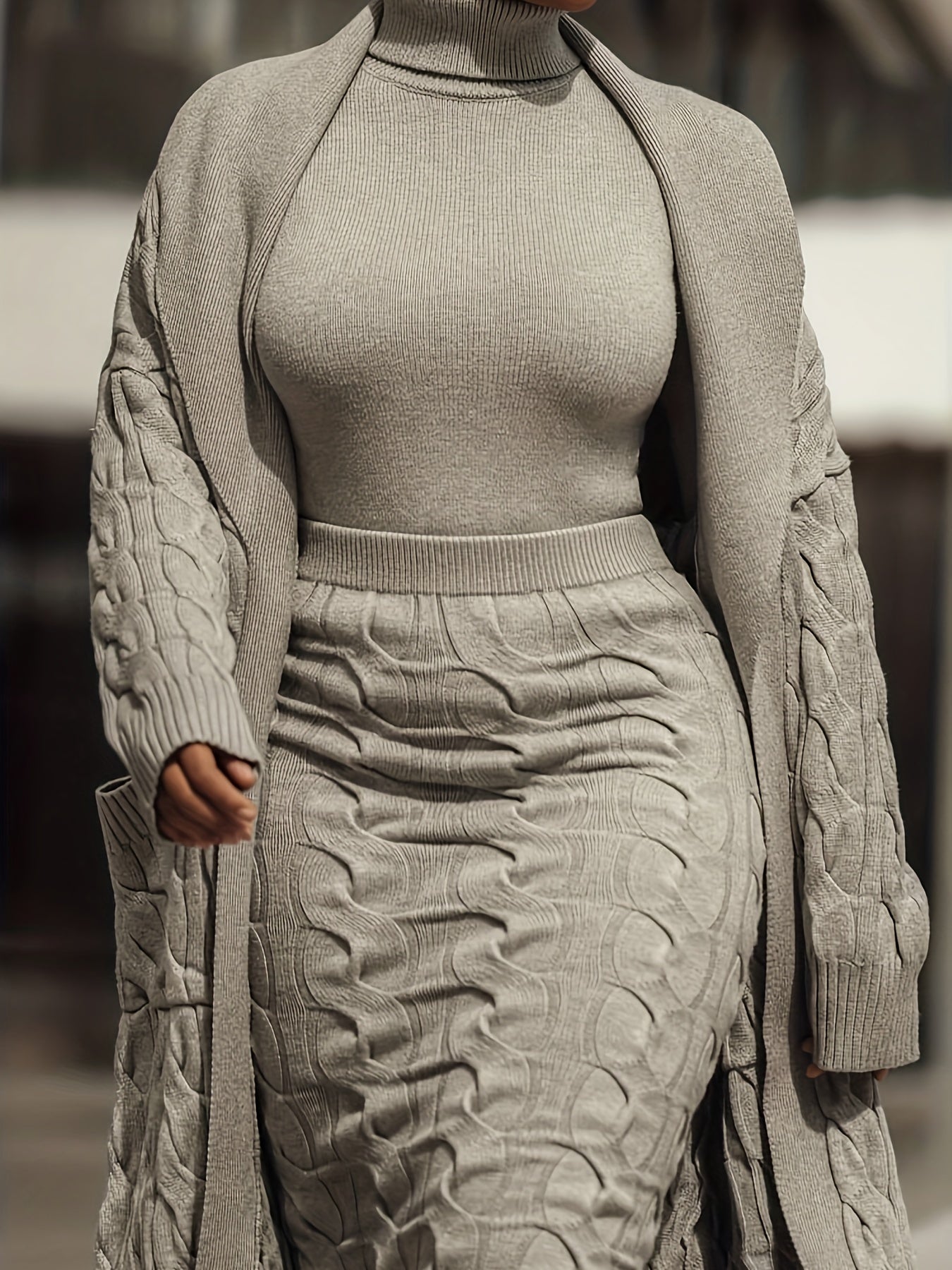 Elegant Solid Cable- Dress Set with Long Sleeves and Open Front Pockets, Featuring a Mid-length Cardigan, a High-neck Slim-fit Sweater, and a High-waisted Pencil Skirt, Women's Clothing