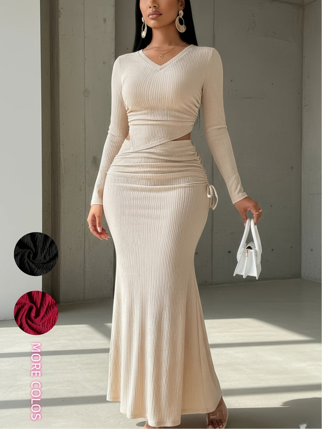 Women's 2pcs Set: Long Sleeve V-Neck Top + Mid-Length Waist-Cinching Side-Tie Skirt JP018