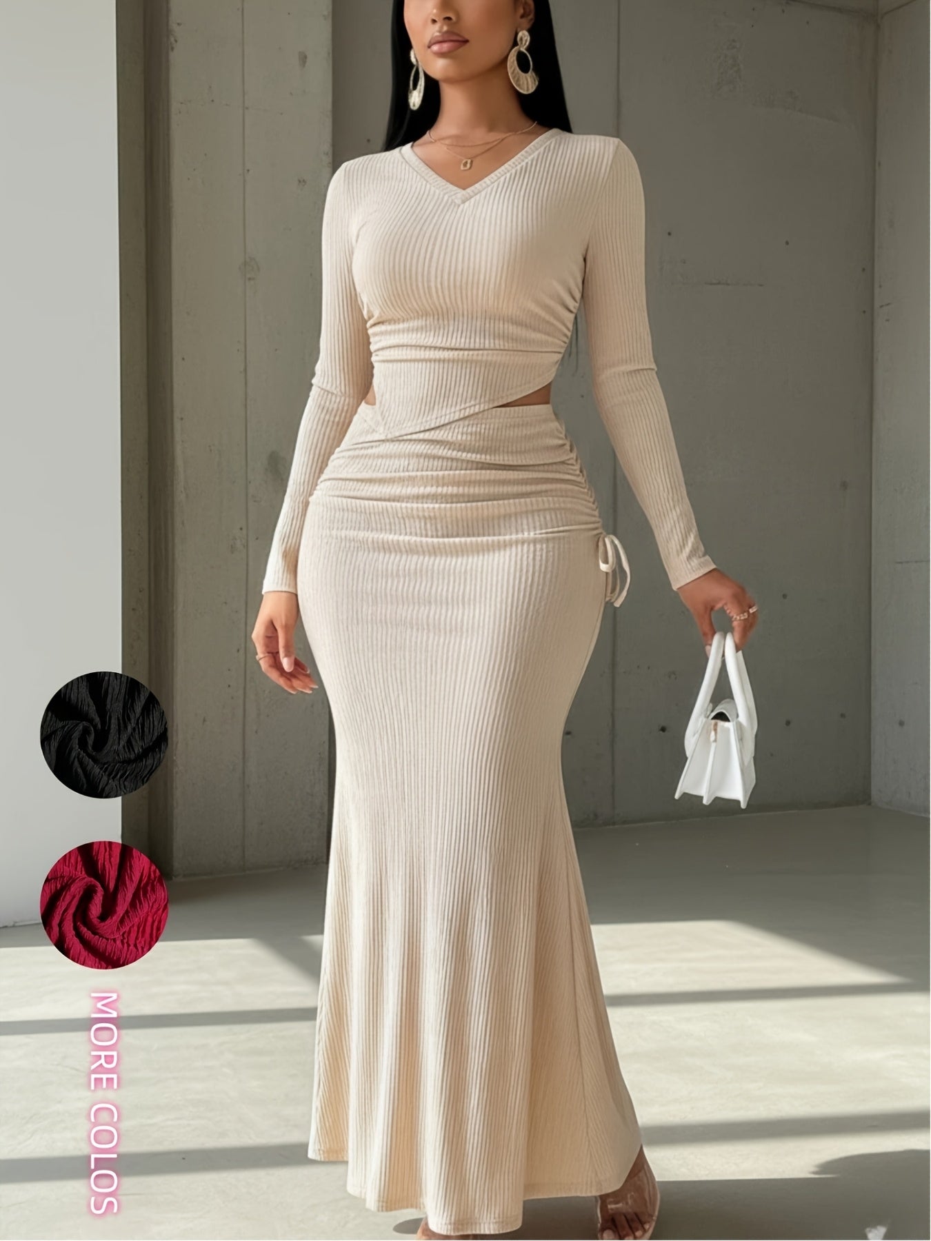 Women's 2pcs Set: Long Sleeve V-Neck Top + Mid-Length Waist-Cinching Side-Tie Skirt JP018