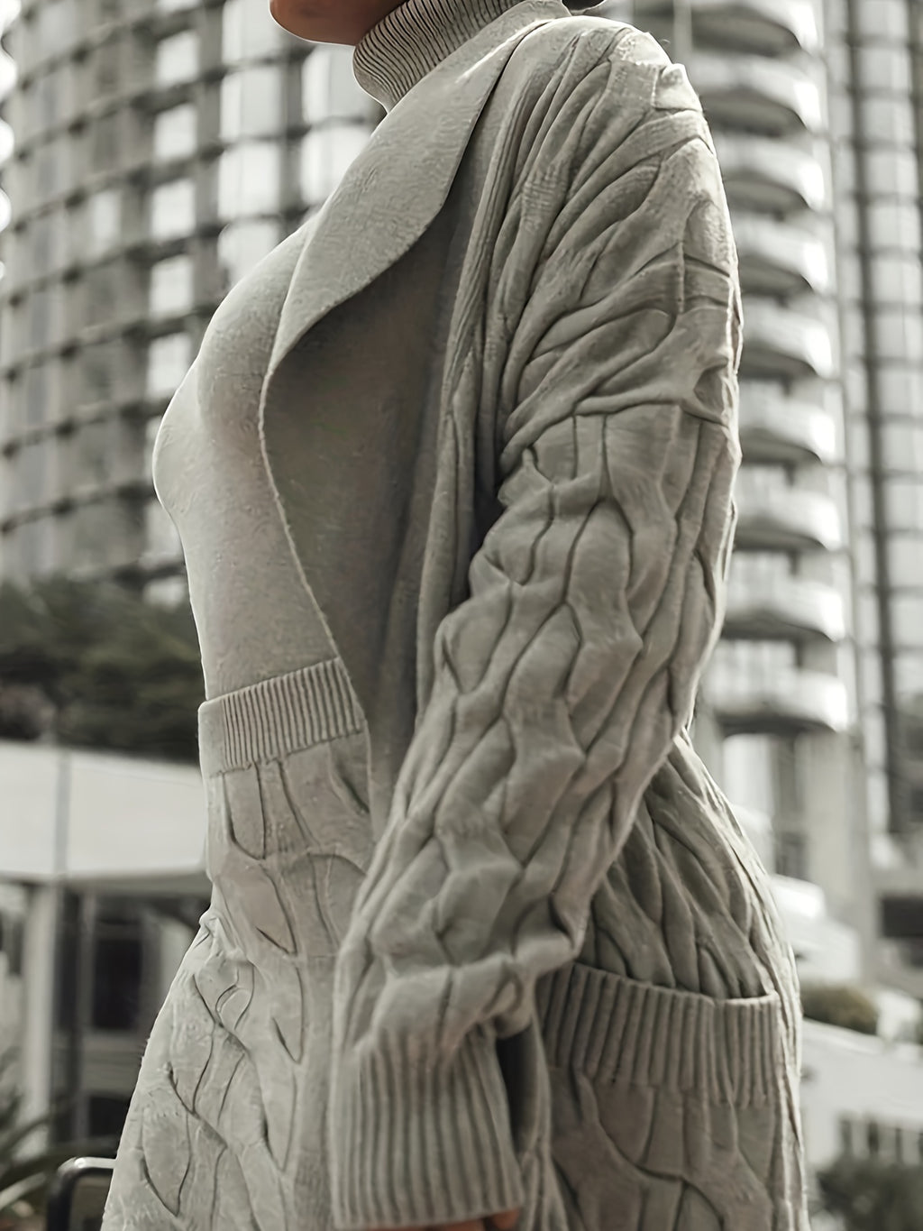 Elegant Solid Cable- Dress Set with Long Sleeves and Open Front Pockets, Featuring a Mid-length Cardigan, a High-neck Slim-fit Sweater, and a High-waisted Pencil Skirt, Women's Clothing