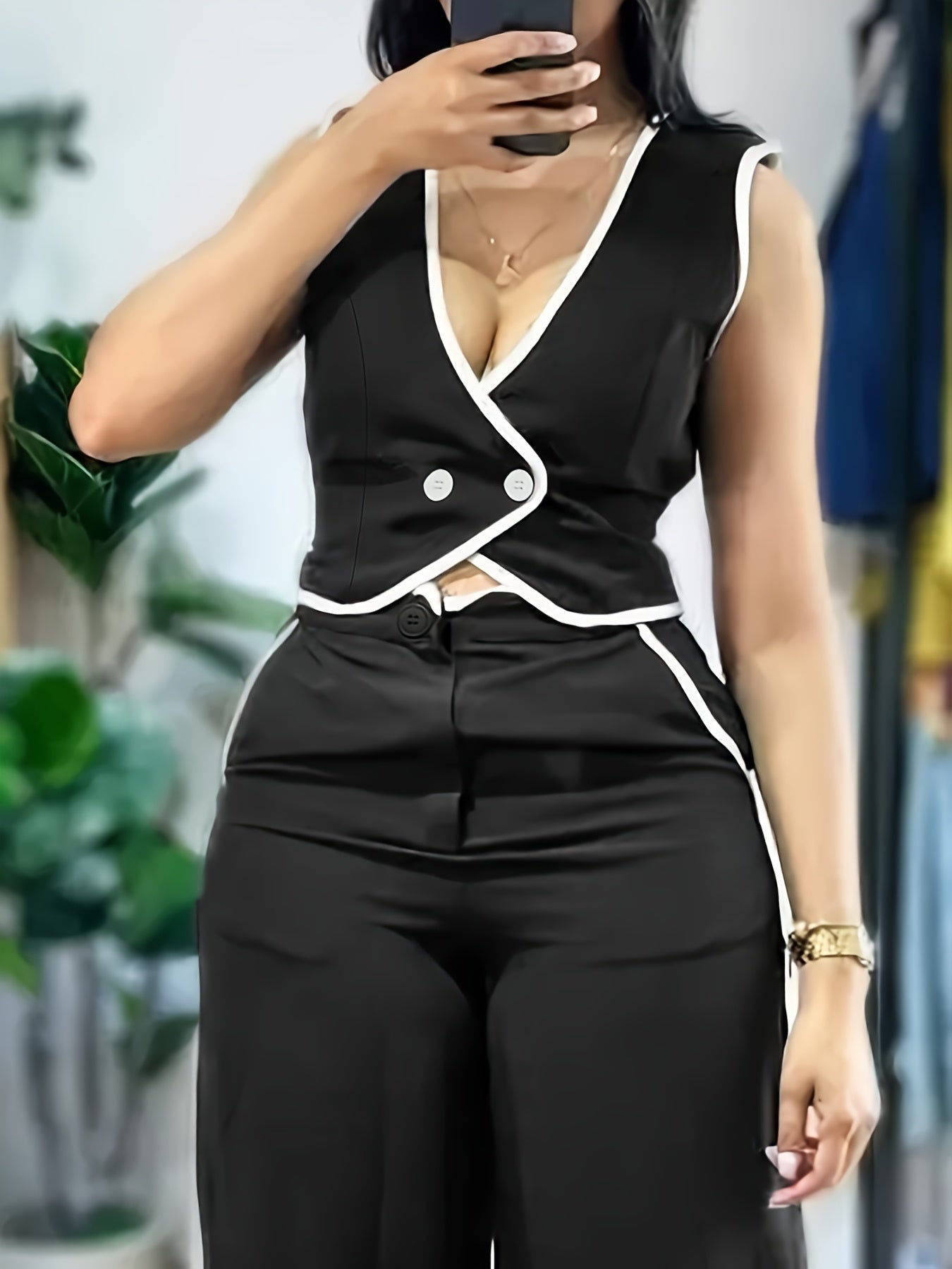 New Spring-Summer Black and White Color Block Sleeveless Vest & Wide-Leg Pants Two-Piece Set for Women