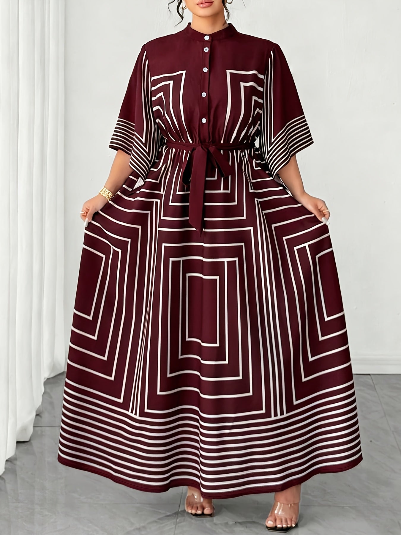 Plus Size - Plus Size - Plus Size Geometric Pattern Black And White Striped Neckline Waist A-Line Long-Sleeved Elegant Commuter Dress YZ2614