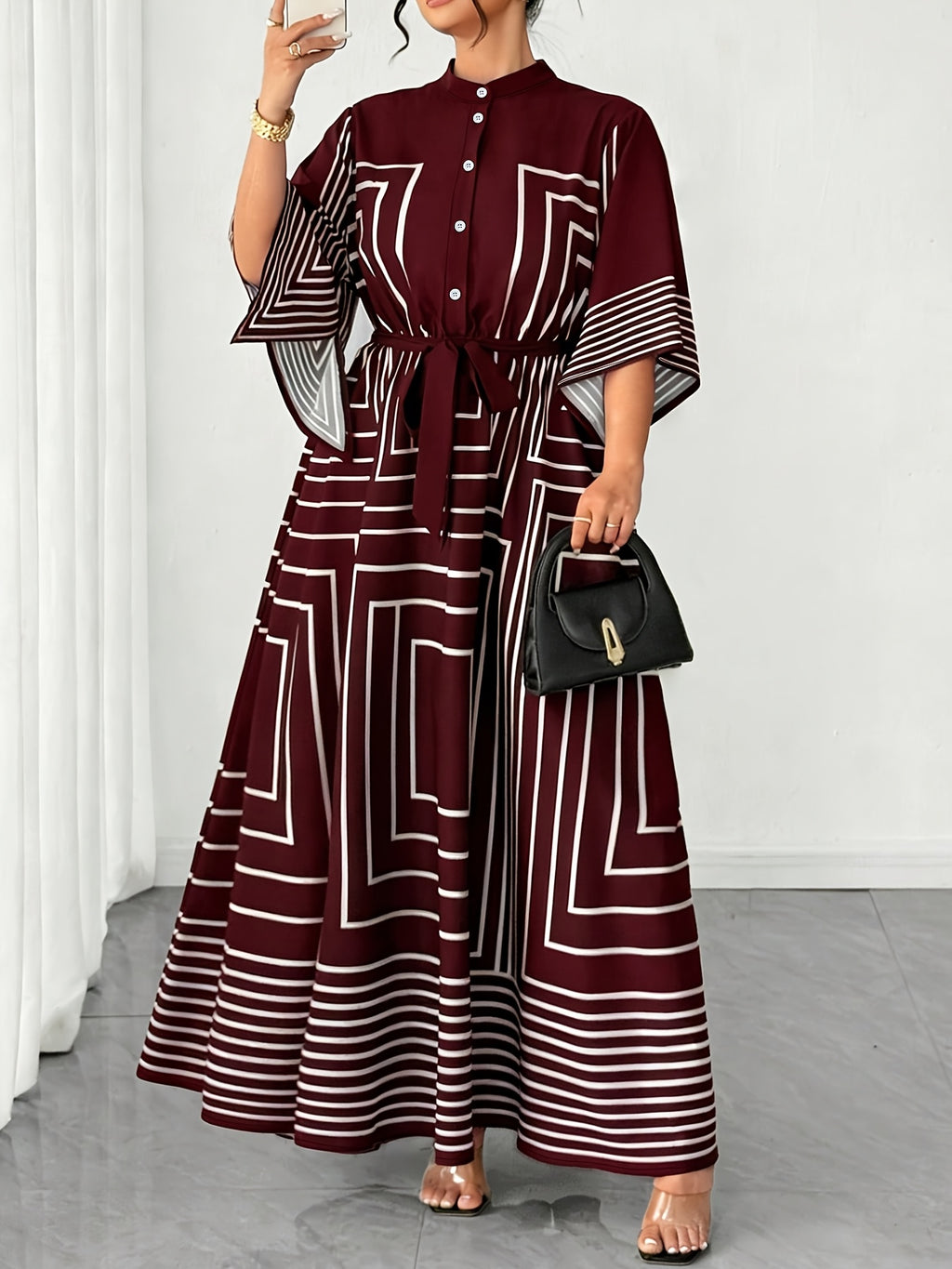 Plus Size - Plus Size - Plus Size Geometric Pattern Black And White Striped Neckline Waist A-Line Long-Sleeved Elegant Commuter Dress YZ2614