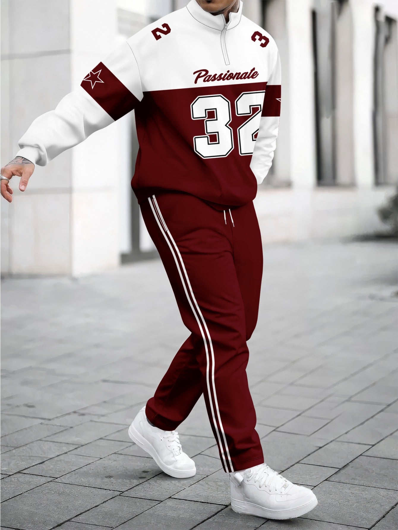 Men'S Stand Collar Zip-Up Sweatshirt And Pants 2pcs Set, Letter Print Casual Sports Outfit for Spring And Autumn