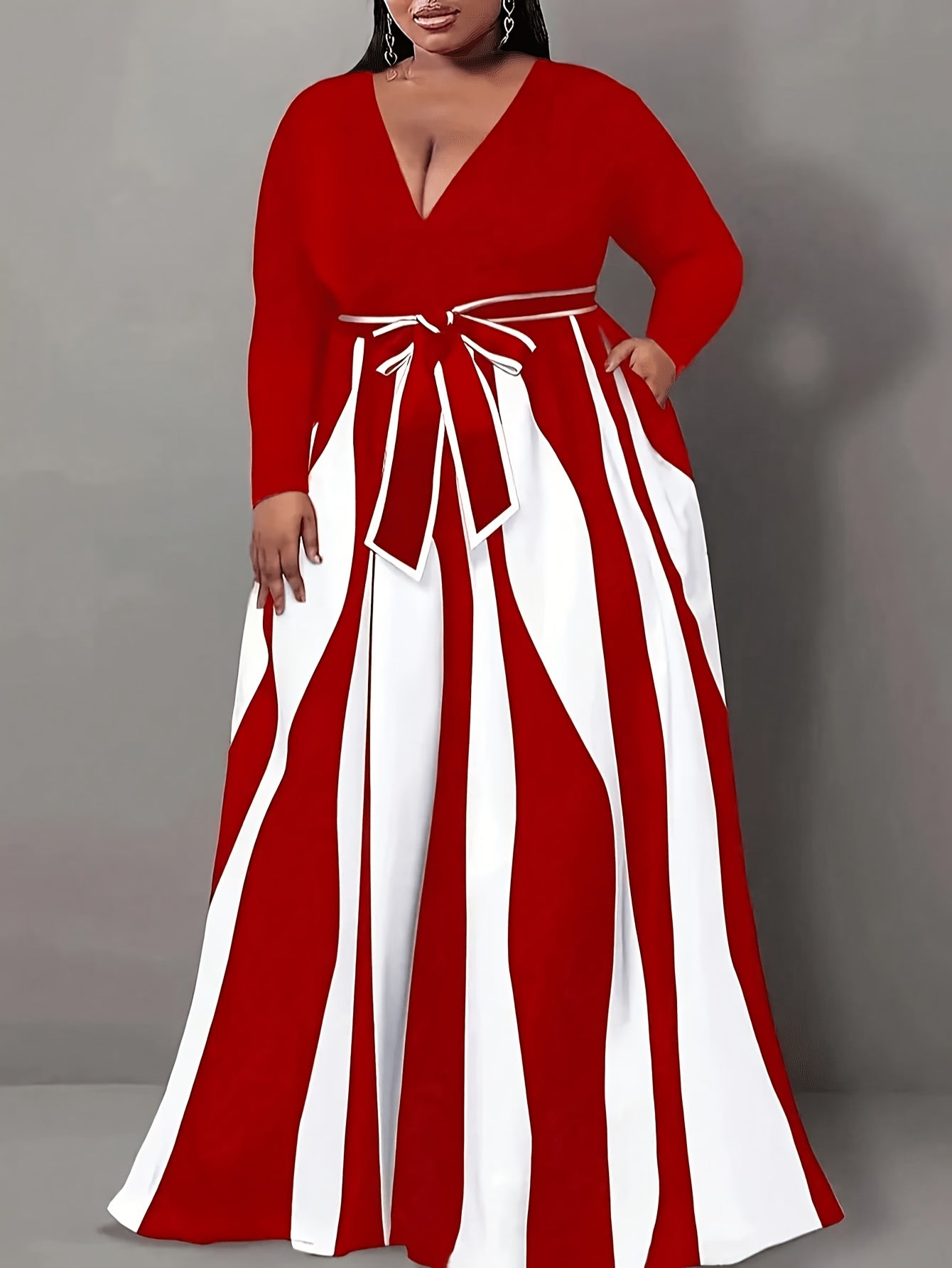 Plus Size - Plus Size - A Long-Sleeve V-Neck Dress for Plus-Size Women Featuring a Color-Blocked Striped Design And a Waist-Tie for a Flattering Maxi Skirt