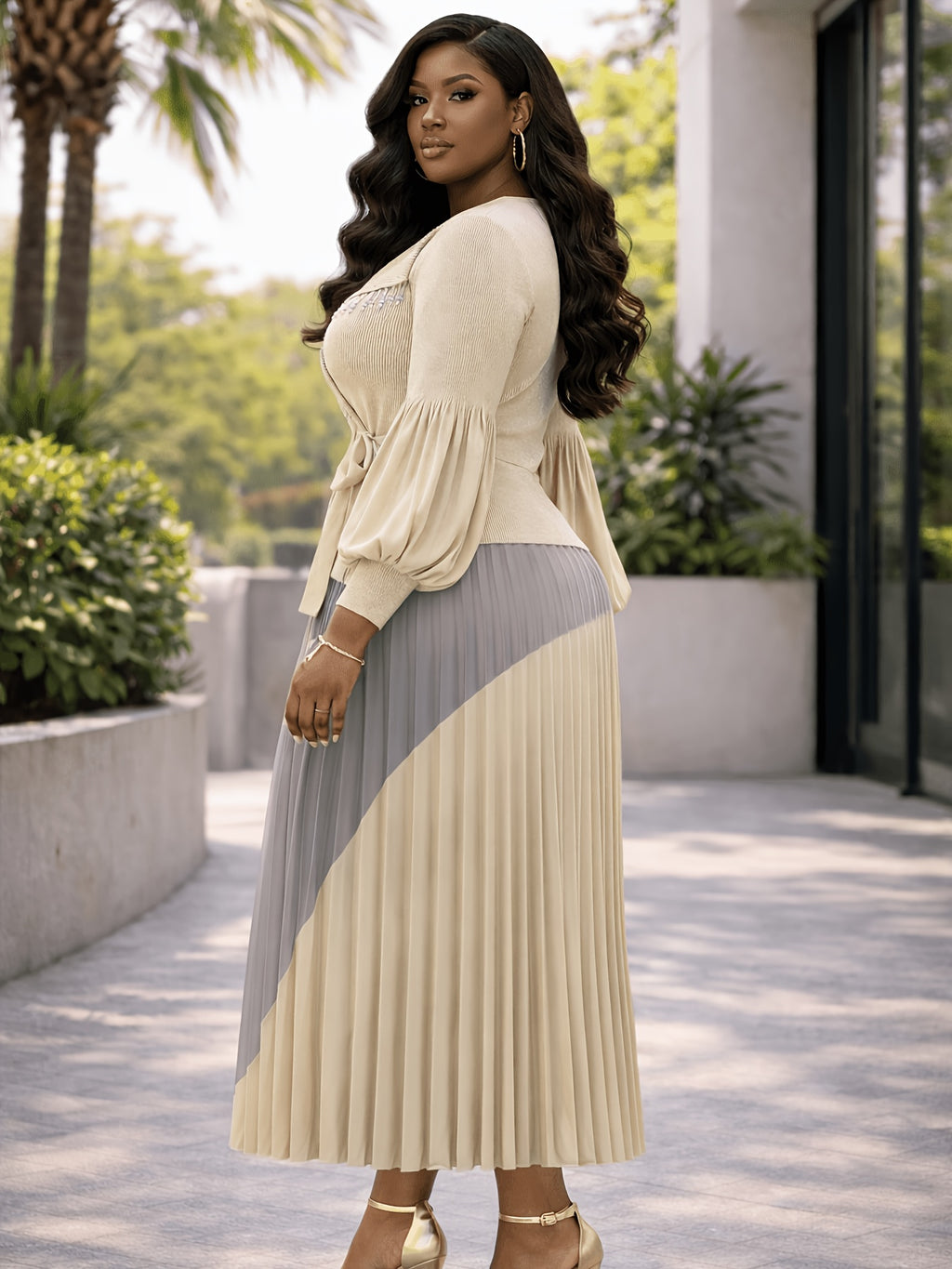 Plus Size - Plus Size - Ladies Temperament Pleated Color-Block Long Dress Beaded Tassel Turn- Collar Waist Lantern Sleeve Dress