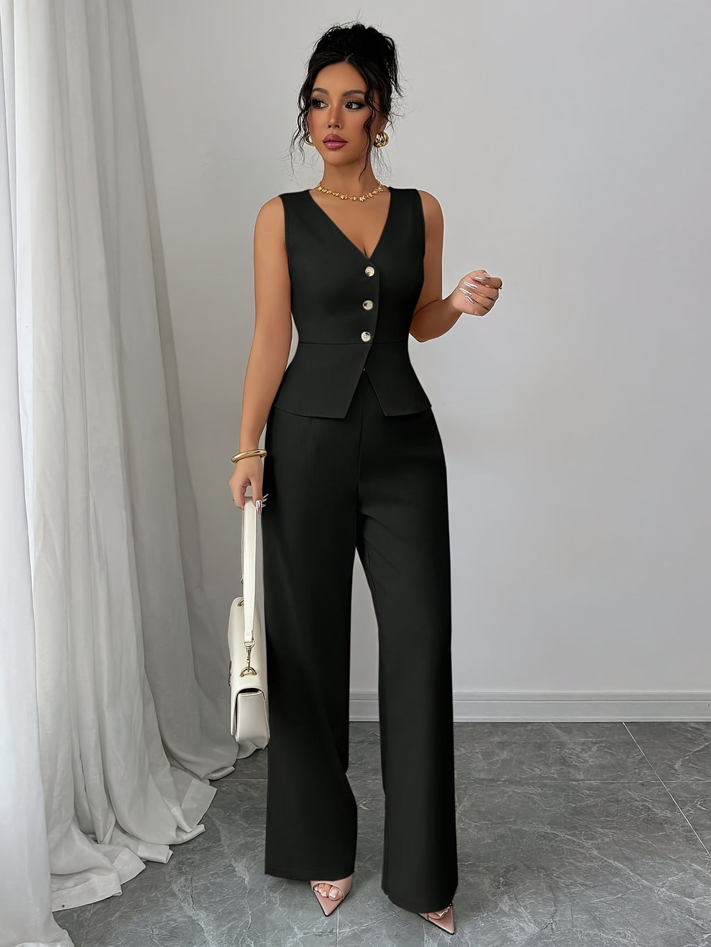 Sleeveless Elegant Vest And Women'S Pants Set, Summer Office Wear