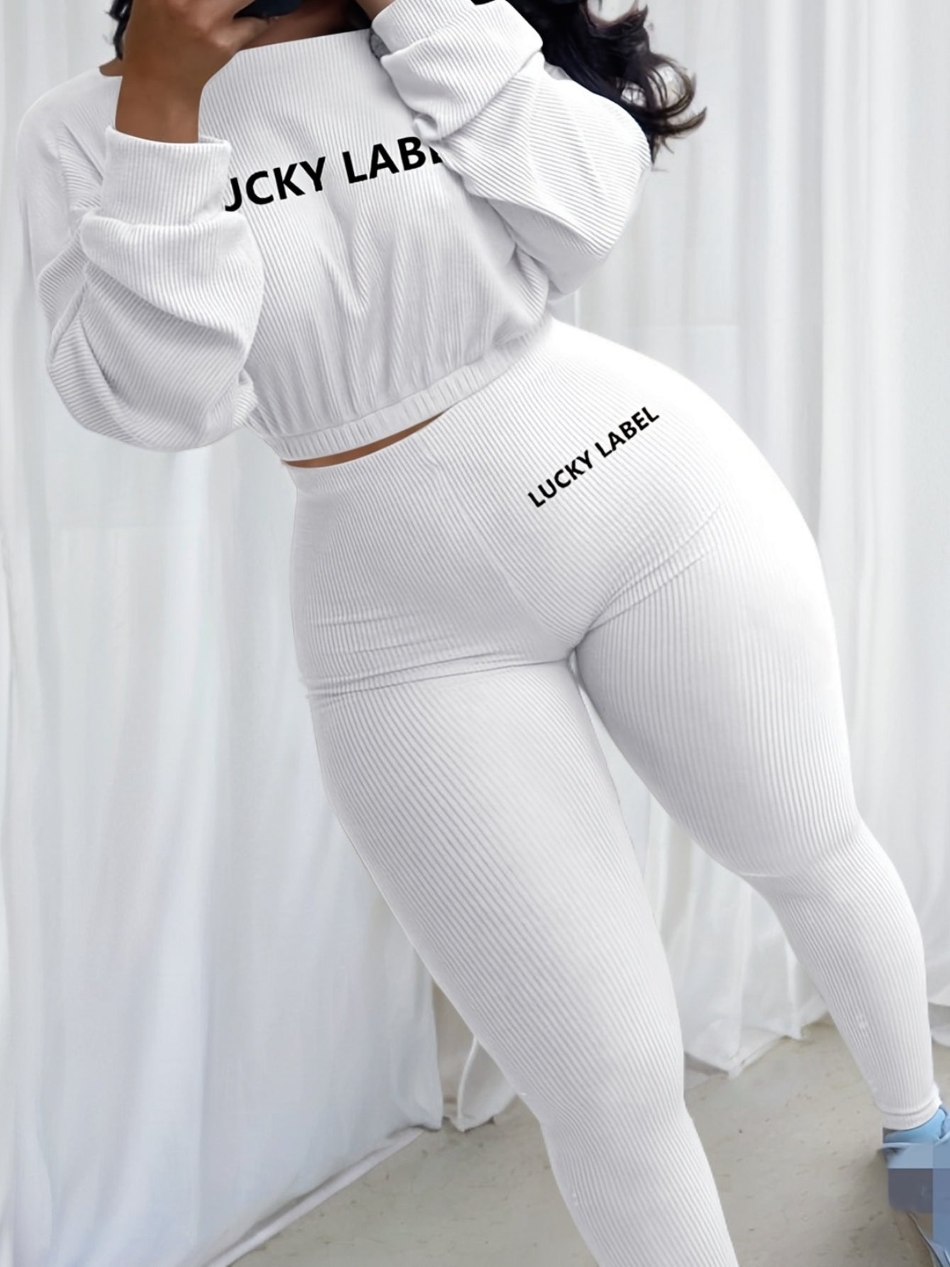 Letter Embroidery Women's Two Piece Ribbed s Fall Spring Long Sleeve Sweatshirt and Skinny Pants Set