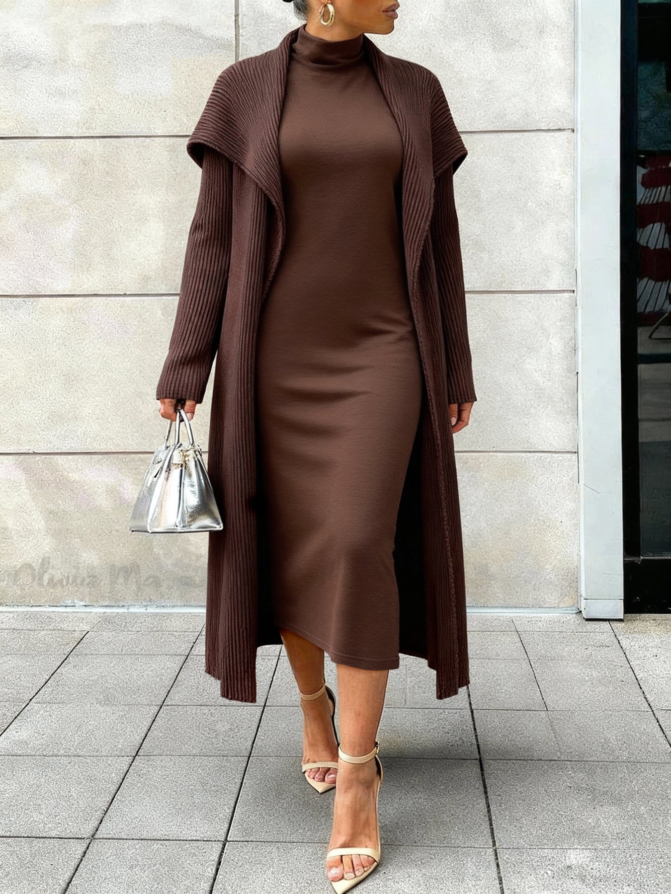Fashionable Women's Apparel: Elegant 2pcs Set Featuring a Long Cardigan Coat in a Gentle, Lazy-Chic Style, Paired with a High-Neck Slim-Fit Dress